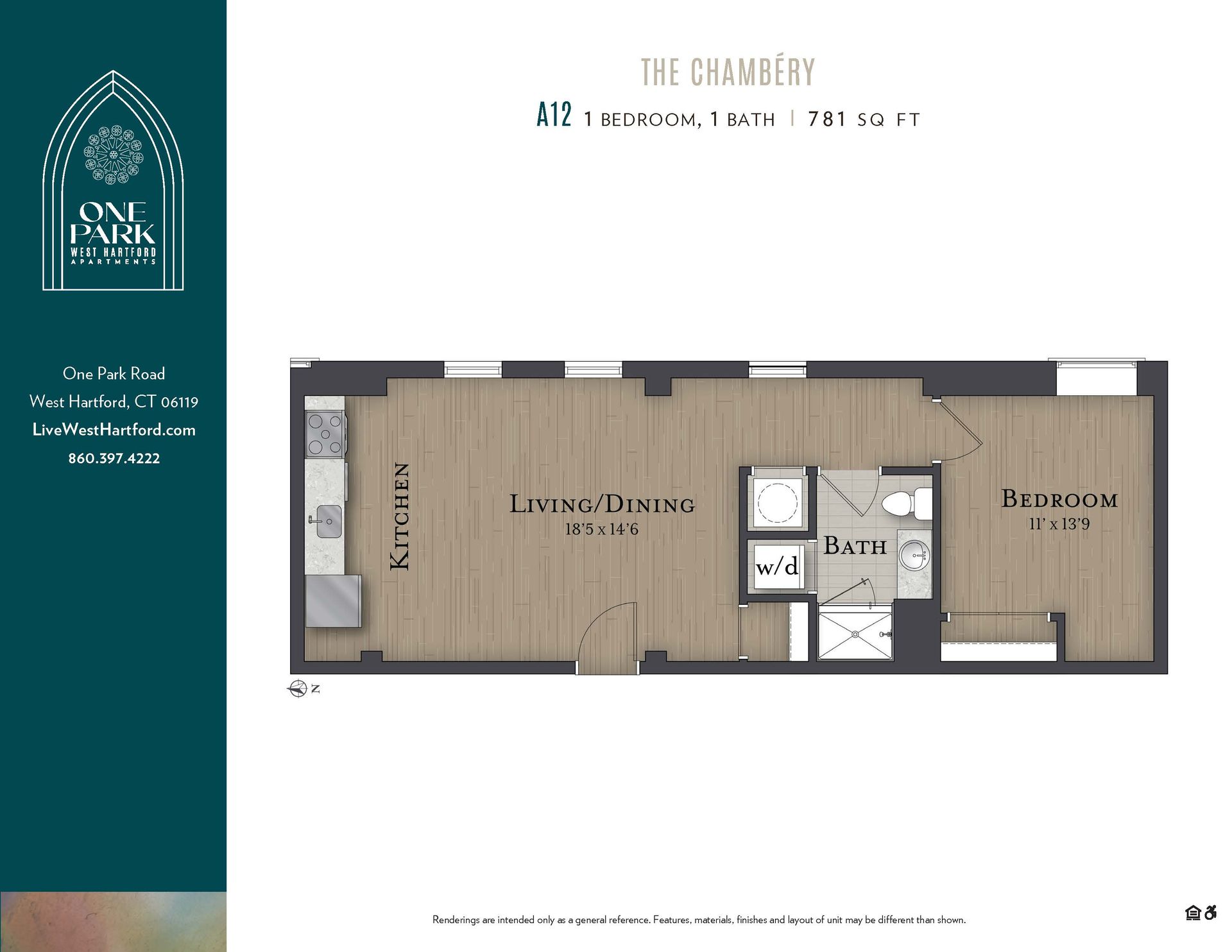 A floor plan of a small apartment called the chambers