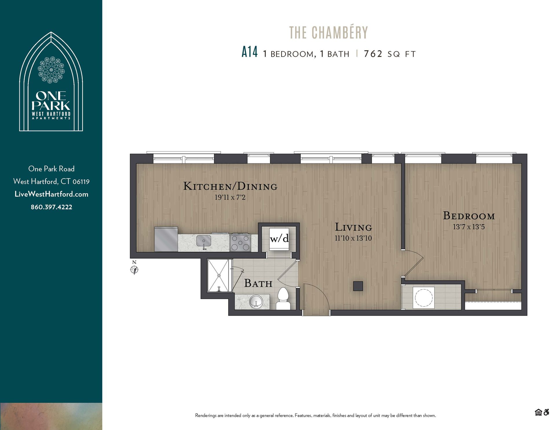 A floor plan of a small apartment with a kitchen and dining room