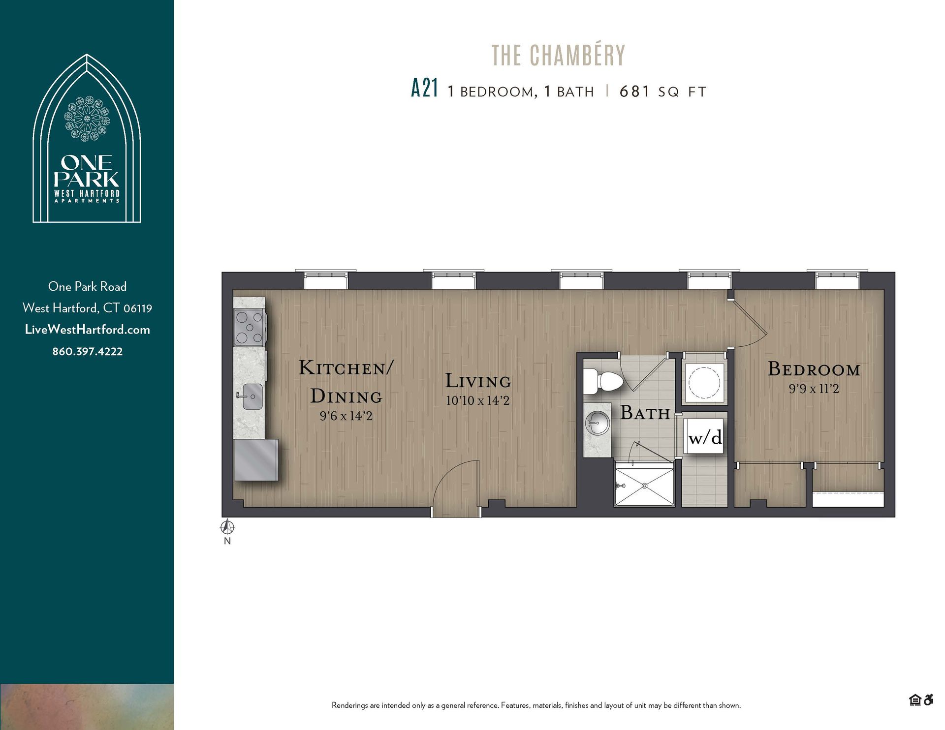 A floor plan of a small apartment called the chambers