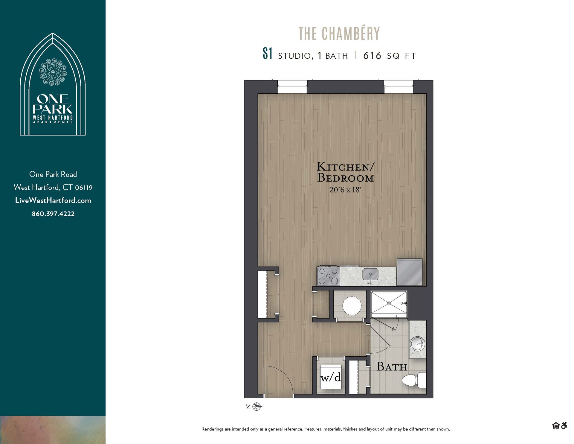 A floor plan of a studio apartment with a bathroom
