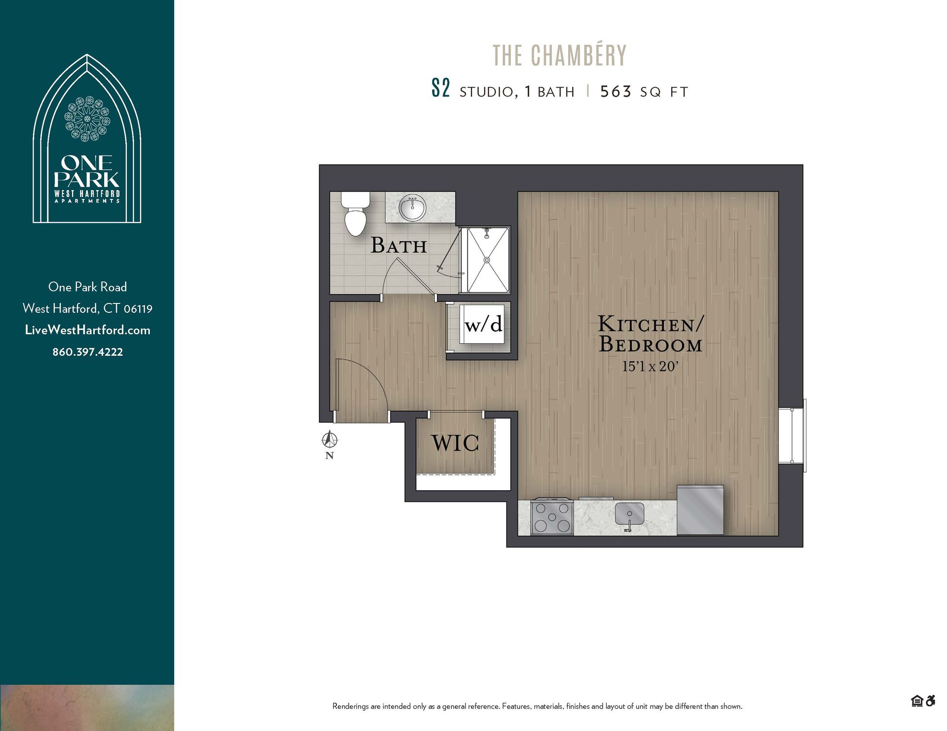 A floor plan of a small apartment called the chambers