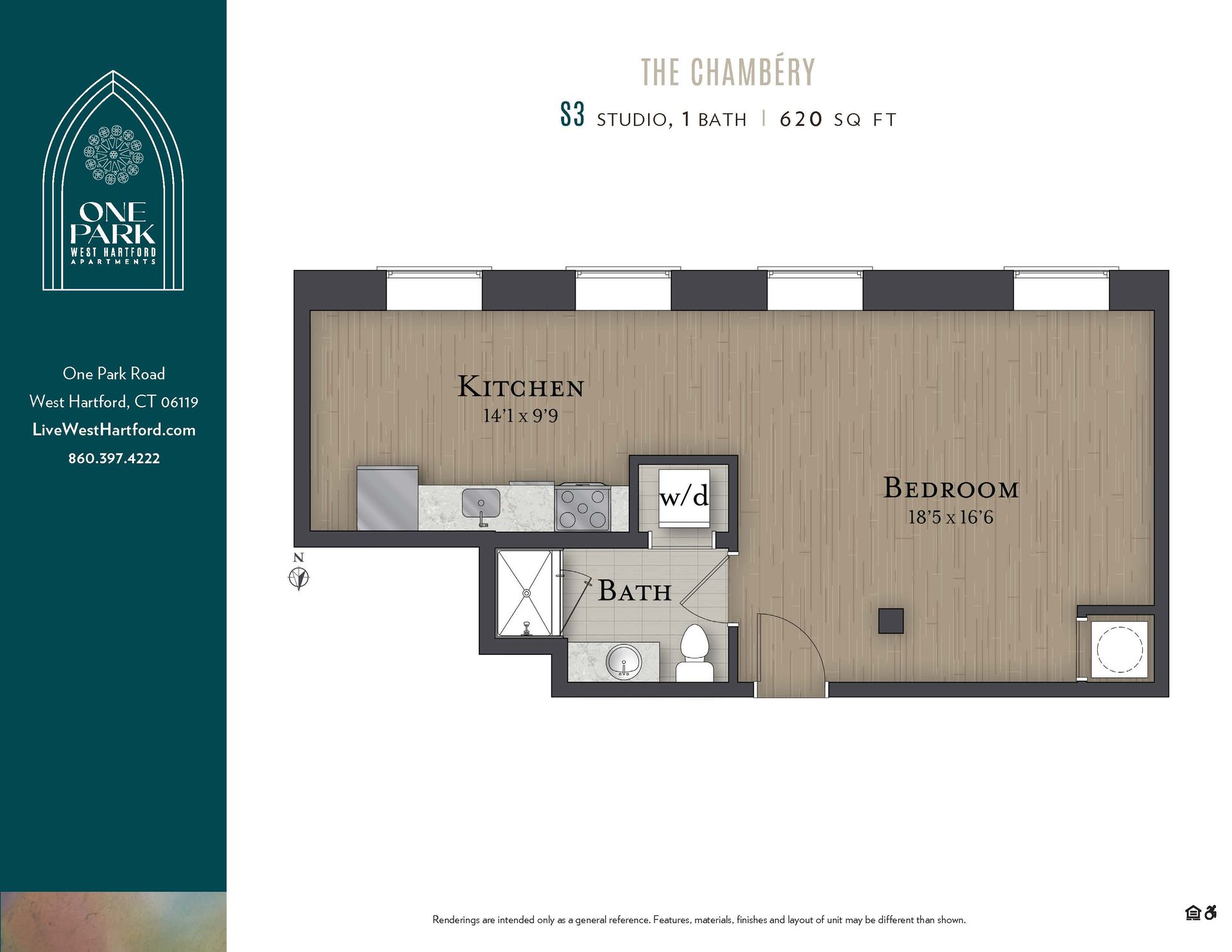 A floor plan of a studio apartment in the chambers