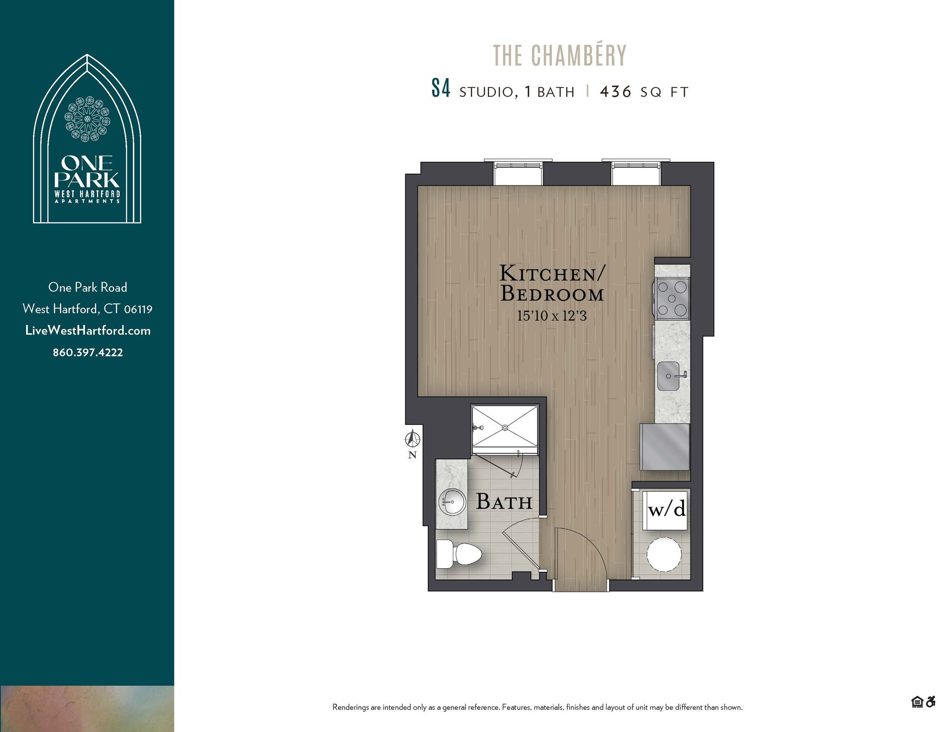 A floor plan of a small apartment called the chambers