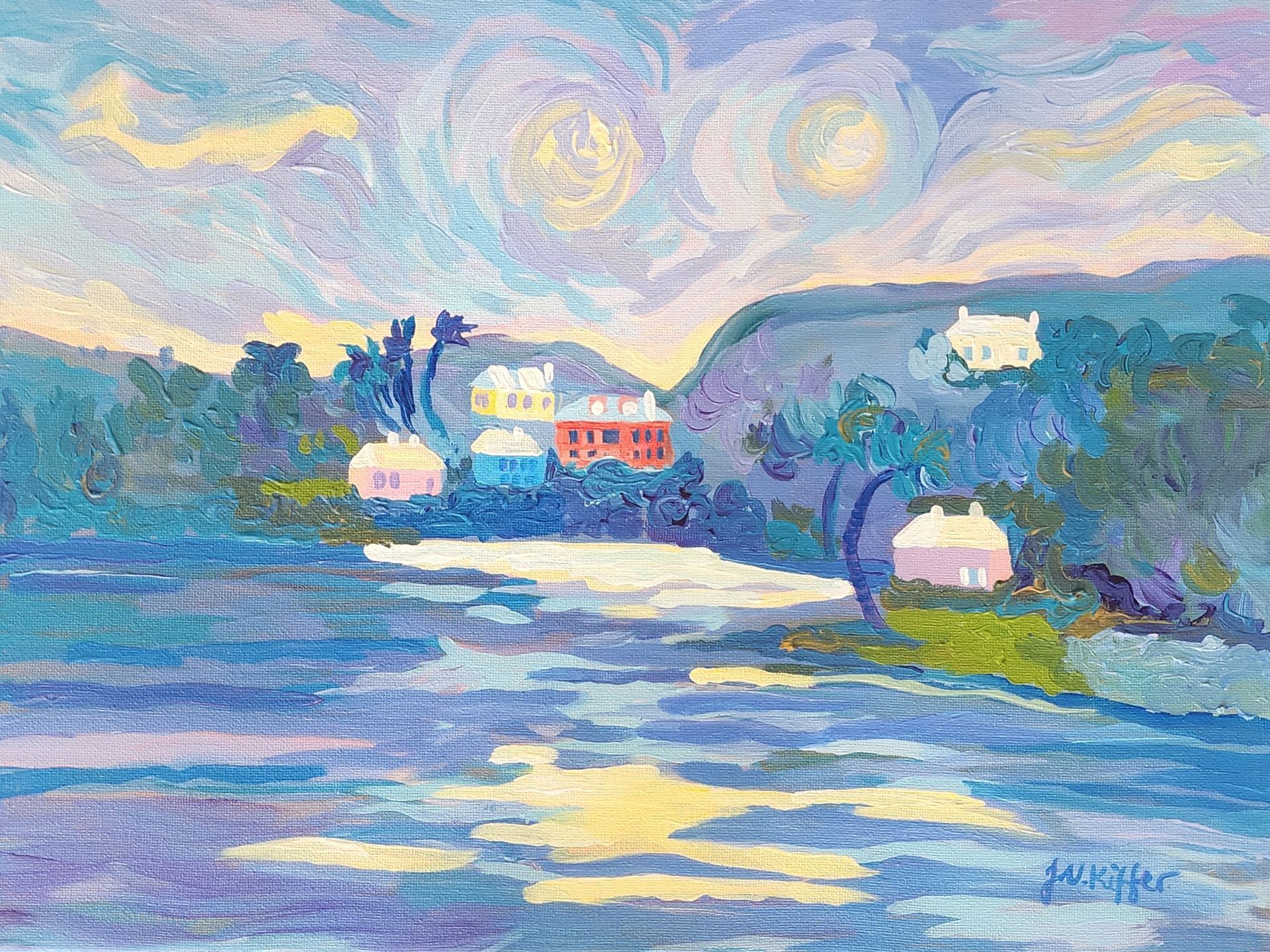 Houses on hillside overlook blue water under a swirling sky.