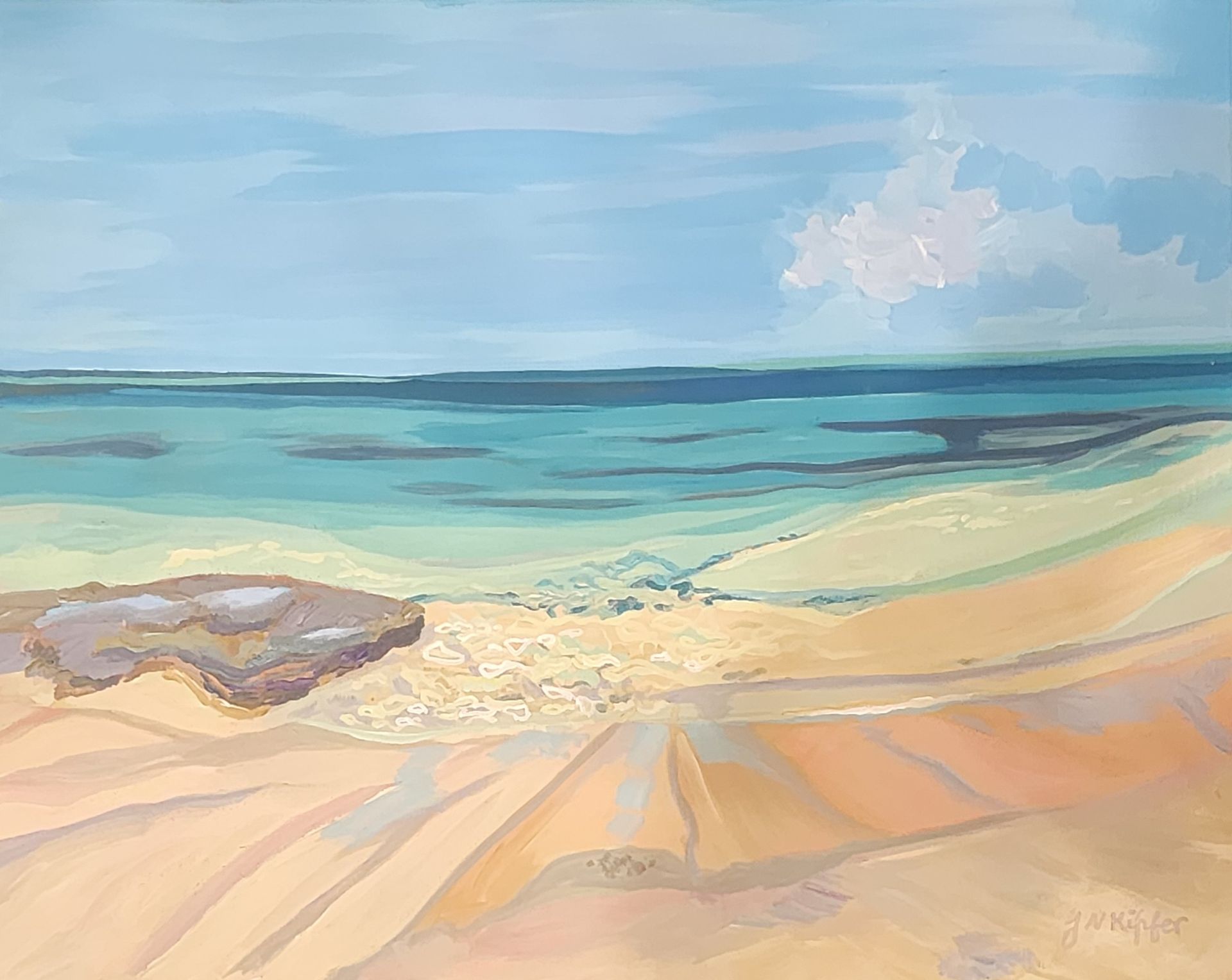 Sandy beach, turquoise ocean, blue sky with a puffy cloud.