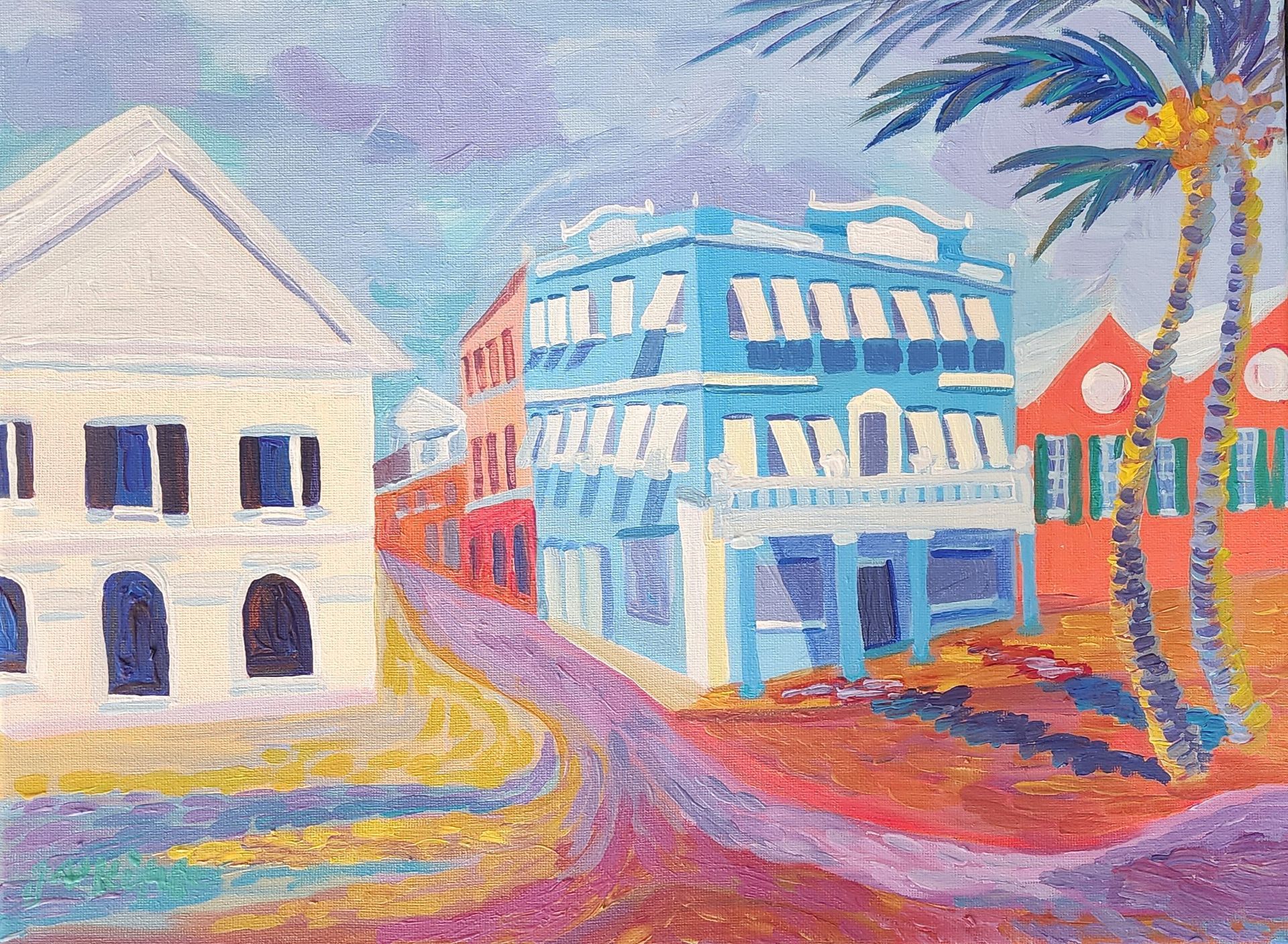 Colorful painting of buildings on a tropical street; blue, orange, and white buildings line a curving road. Palm trees.