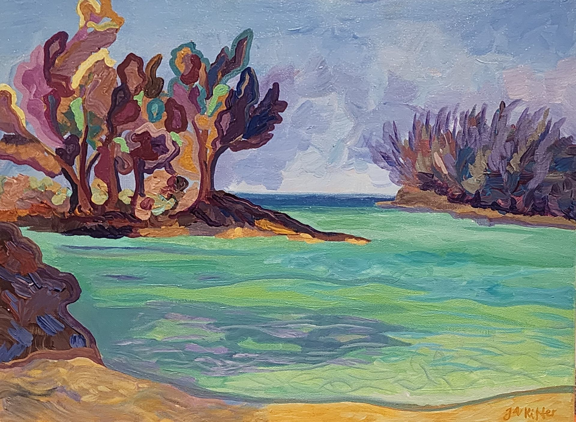 Landscape painting of trees and water with a cloudy sky. The water is a bright teal.