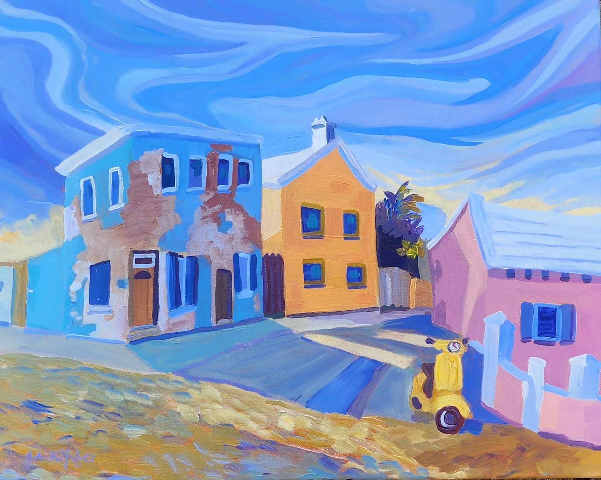 Colorful buildings line a street; yellow scooter parked. Blue, orange, and pink hues under a swirling blue sky.