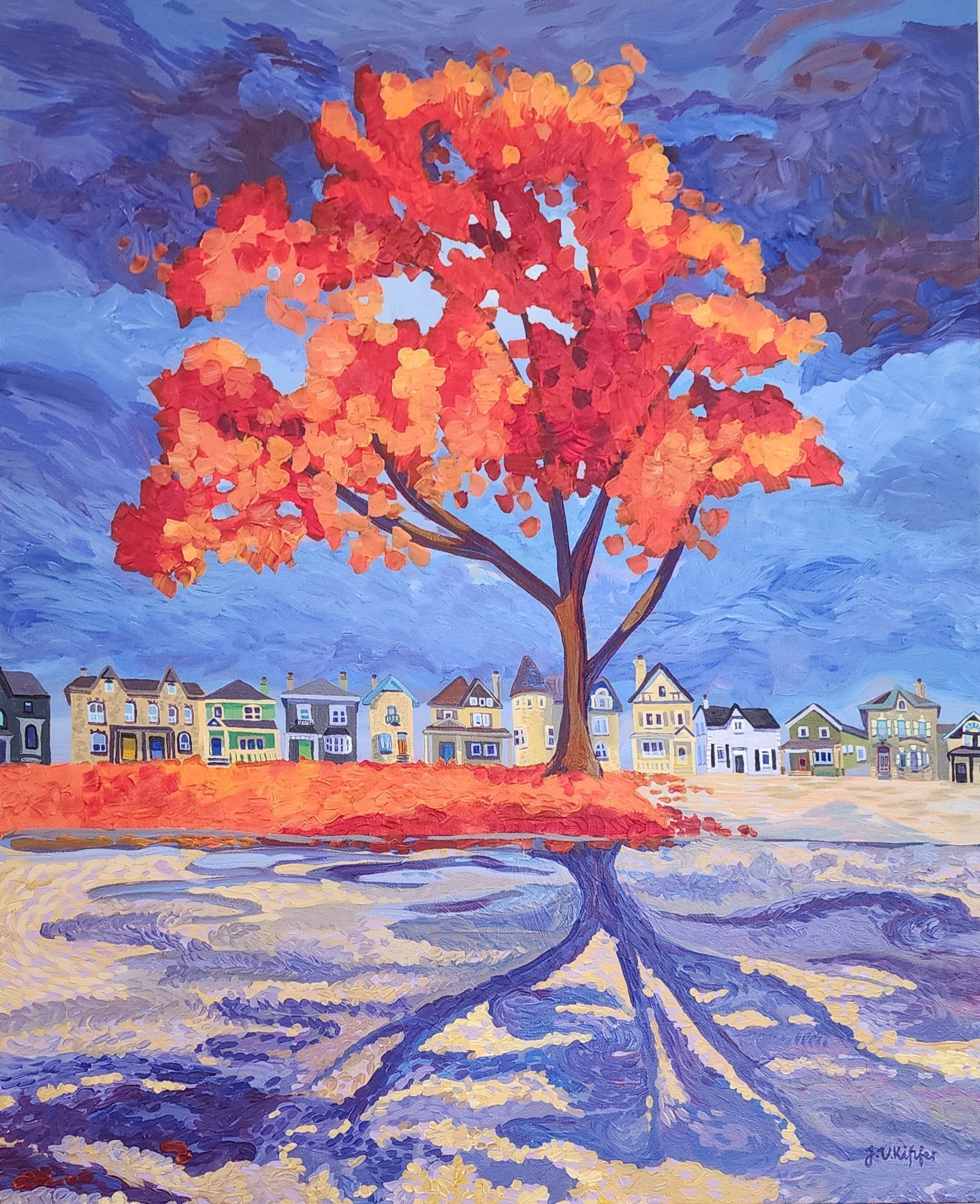Red tree with autumn leaves over a row of houses, with tree roots reflected below on a blue-purple ground.