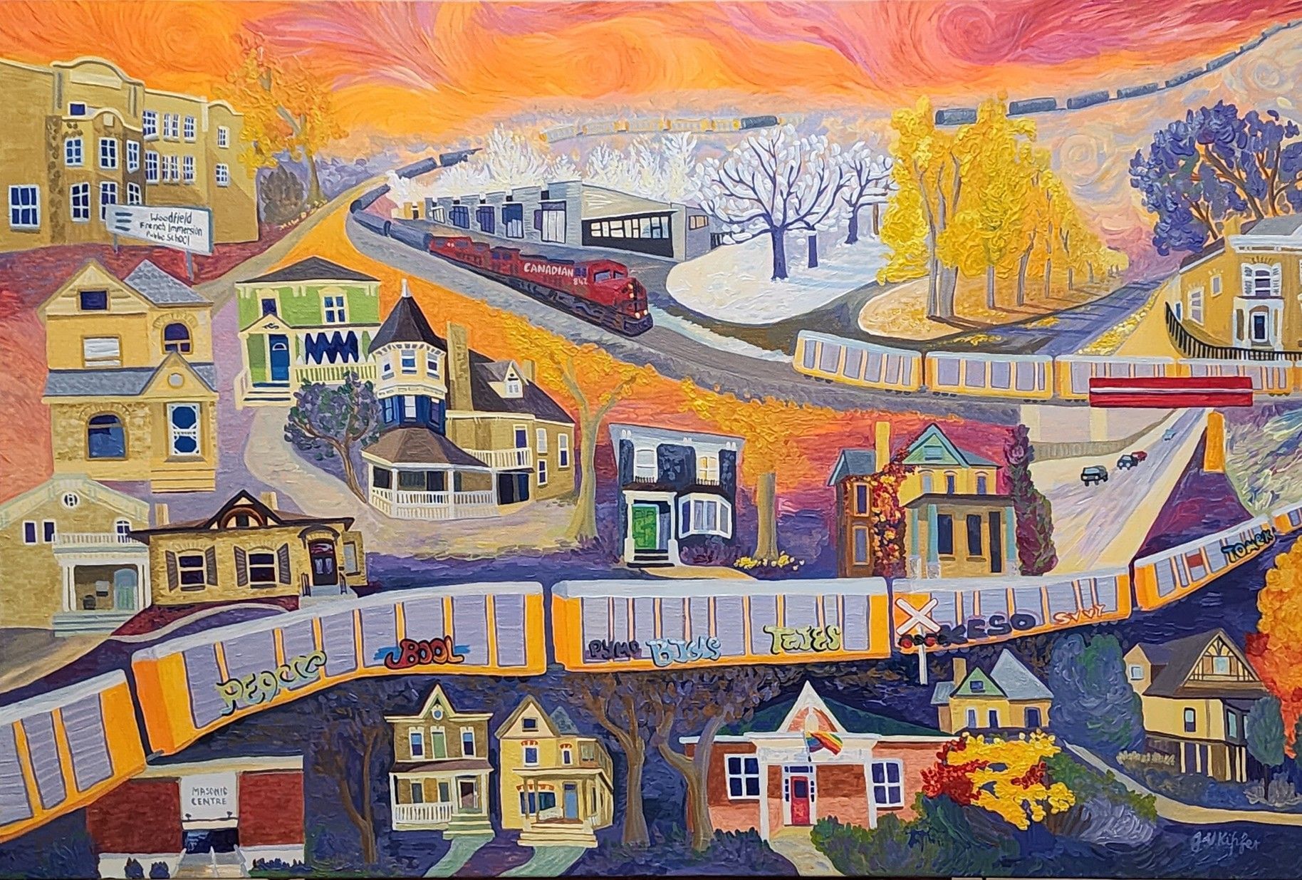 Colorful painting of a town with houses, a train, and a road winding through a landscape under a sunset sky.