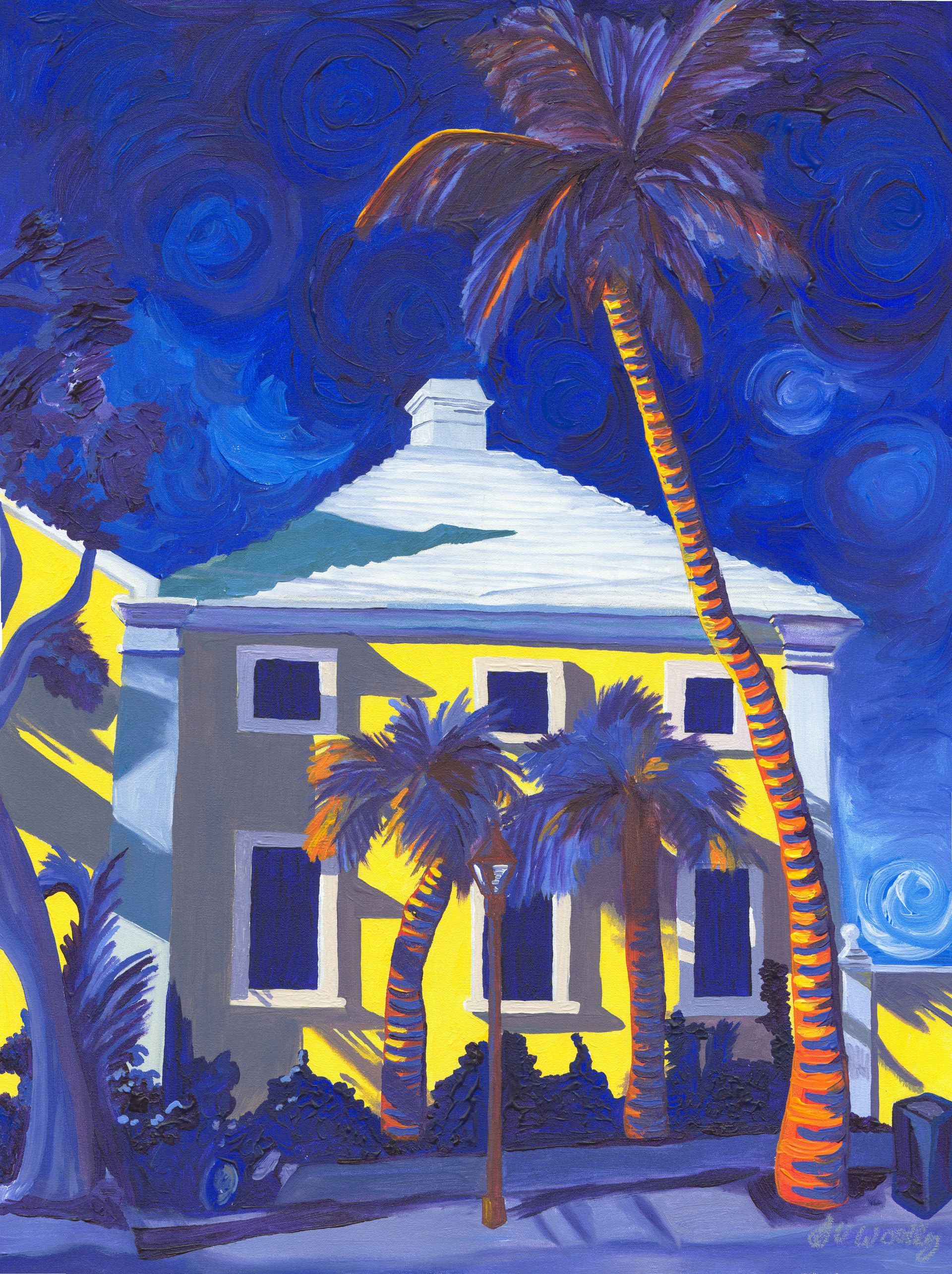 A painting of a house with palm trees in front of it