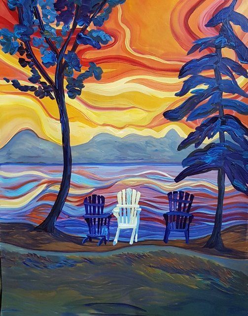 A colorful painting of two chairs in front of a lake