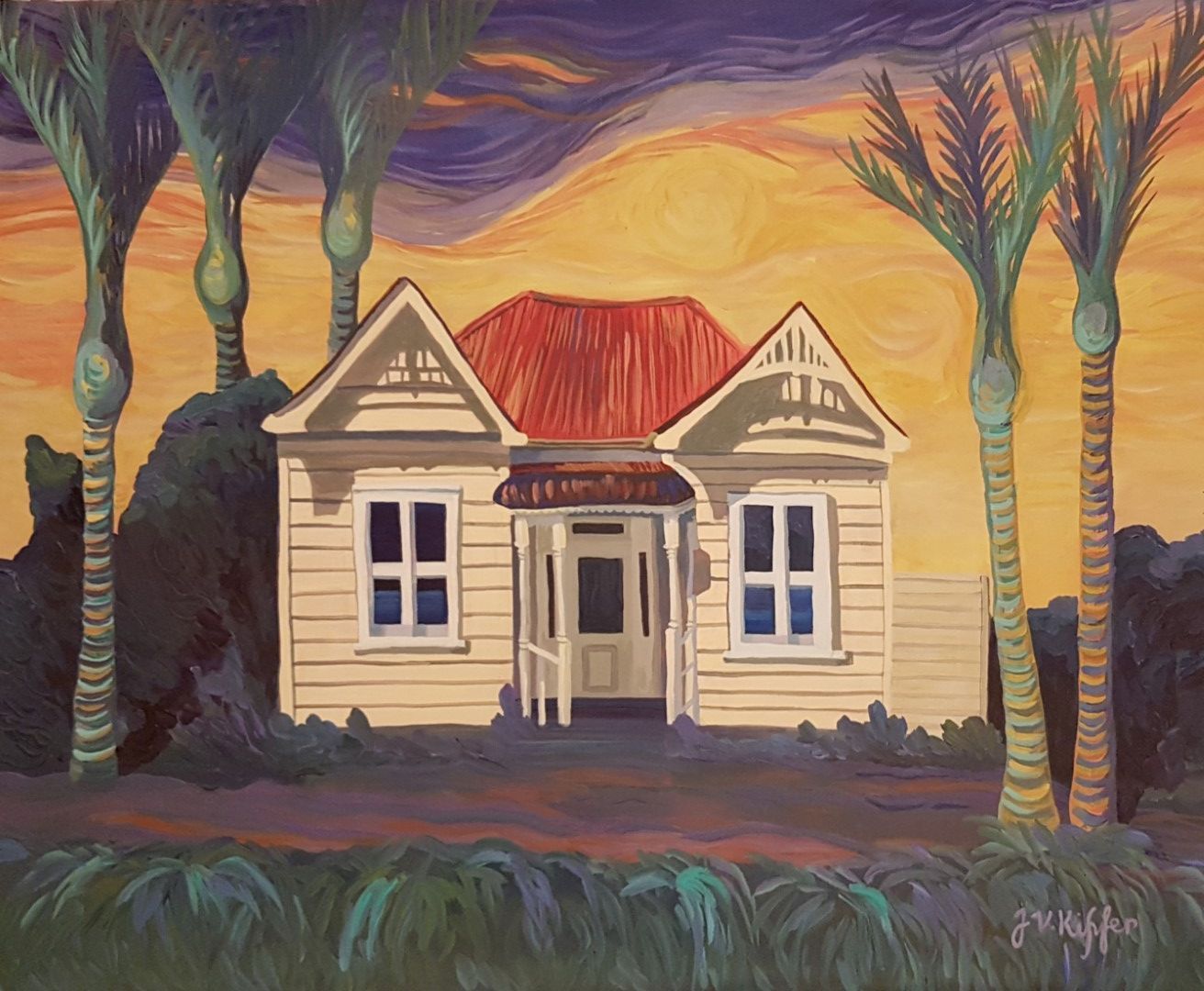 A painting of a house with Nikau palm trees in front of it