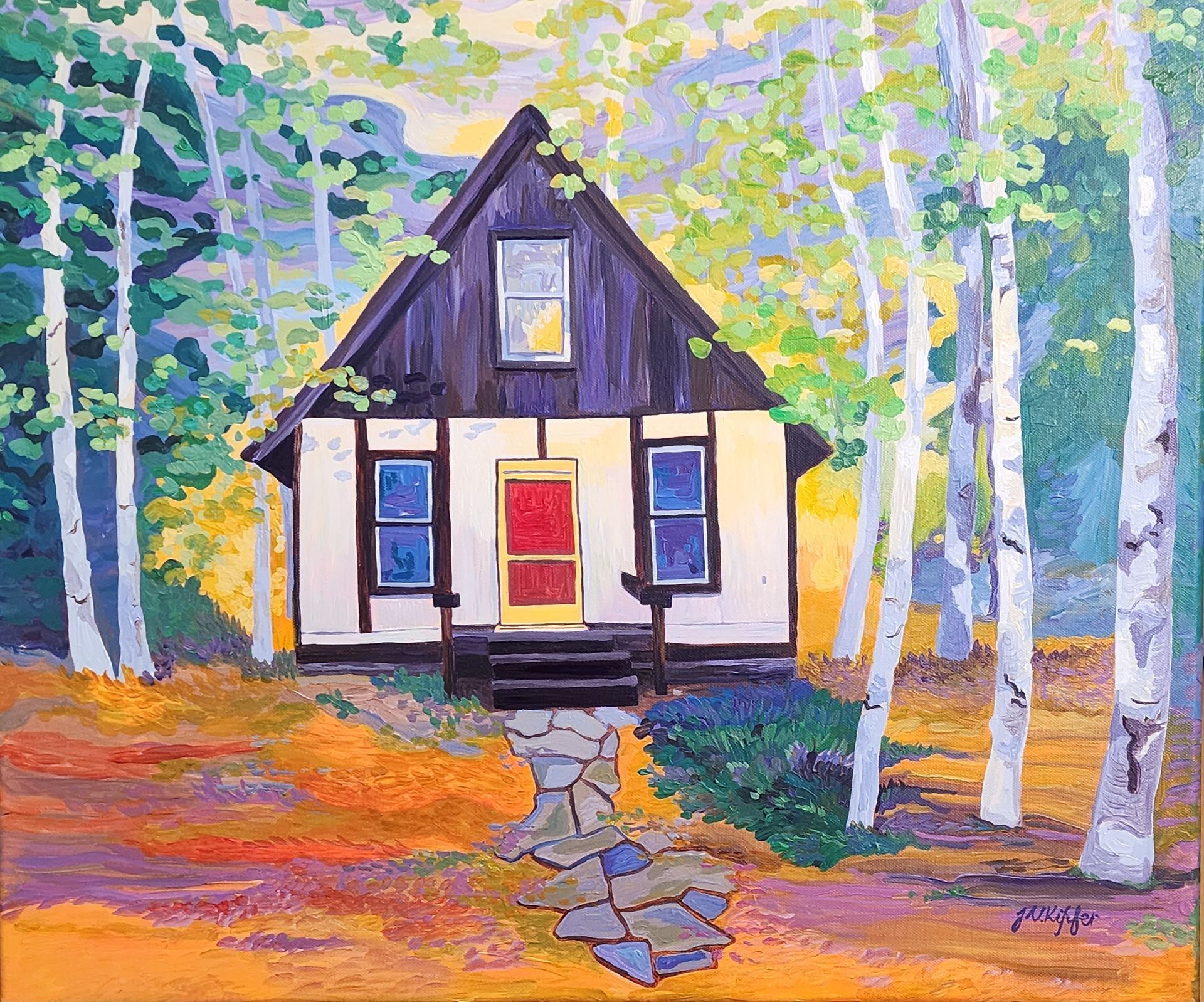 A painting of a small house in the middle of a forest