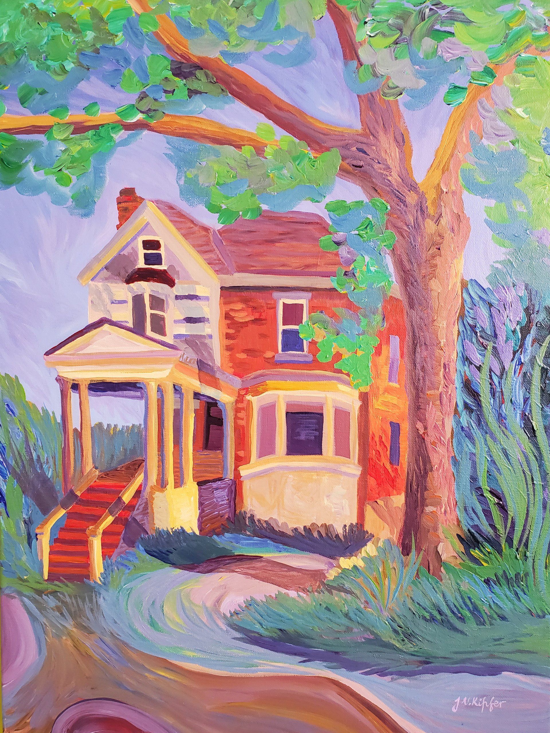 A painting of a house with a tree in front of it