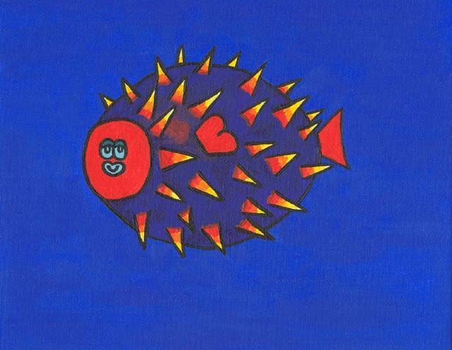 A cartoon pufferfish with a dark blue body, orange spines, and a red face and tail swims in blue water.