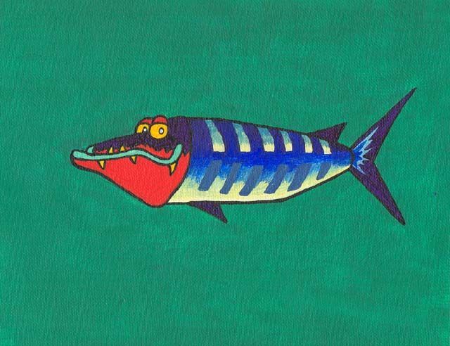 Cartoon barracuda with a red mouth, yellow eyes, and blue striped body against a green background.