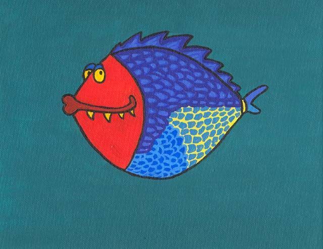 Colorful cartoon fish with a red head and spiky teeth, blue body with textured scales, and yellow accents.