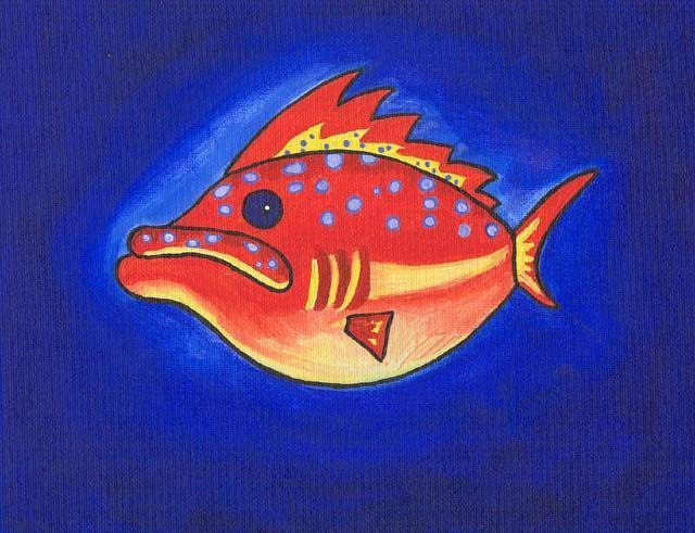 Red and yellow stylized fish with blue spots and a spiky fin against a blue background.