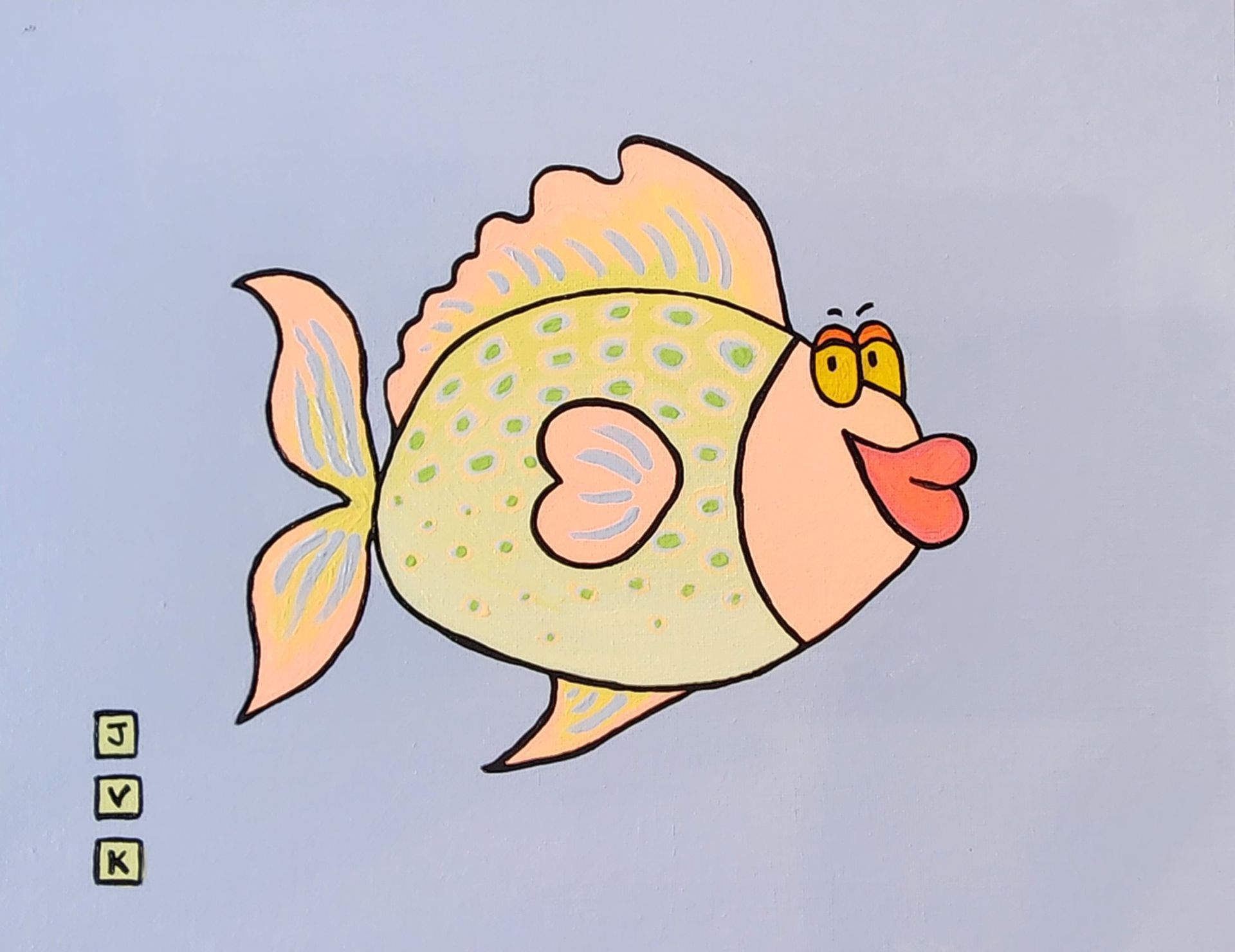 Cartoon fish with peach-colored body, lips, and fins, and a yellow body with green spots and big eyes, on a light blue background.