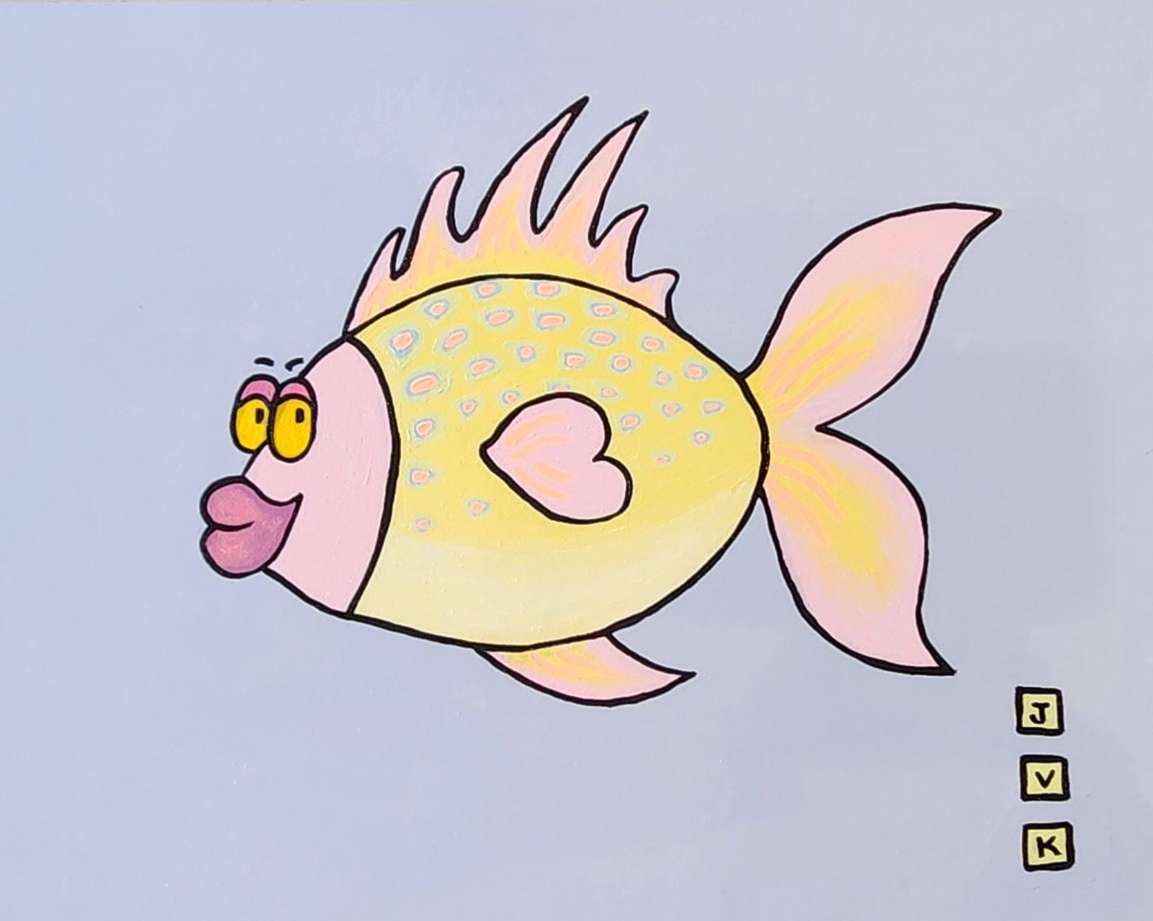 Cartoon fish with a yellow body, pink features, and a heart-shaped fin. It has a smiling expression and is set against a light blue background.