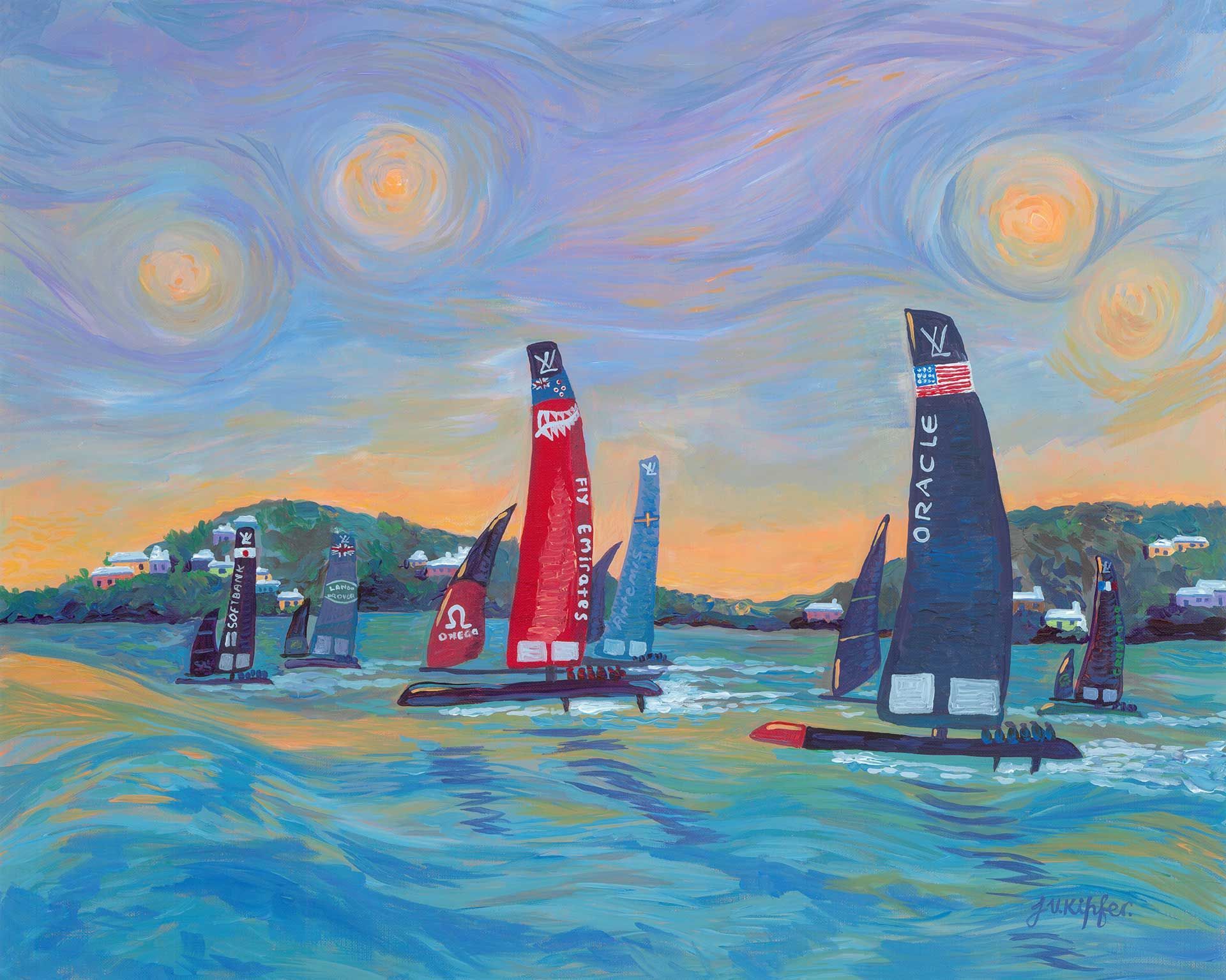 A painting of a group of sailboats in the water.