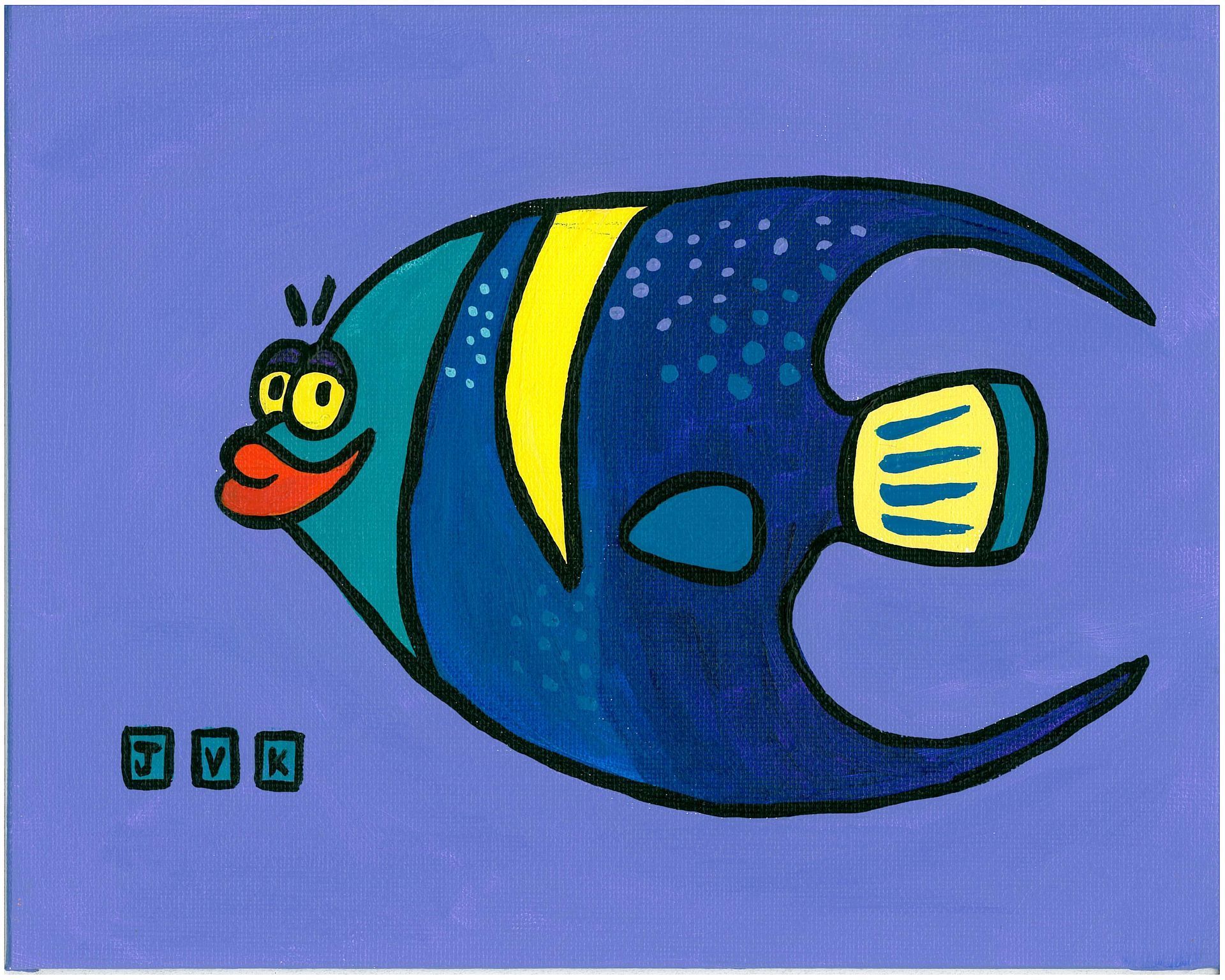 Cartoon-style blue fish with yellow stripes, a red lip, and googly eyes, swimming against a purple background.