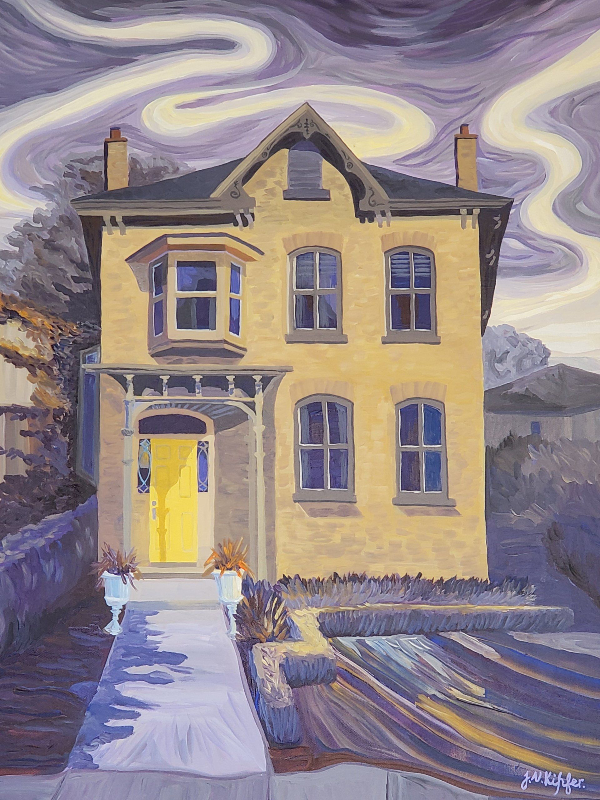 A painting of a yellow house with a yellow door