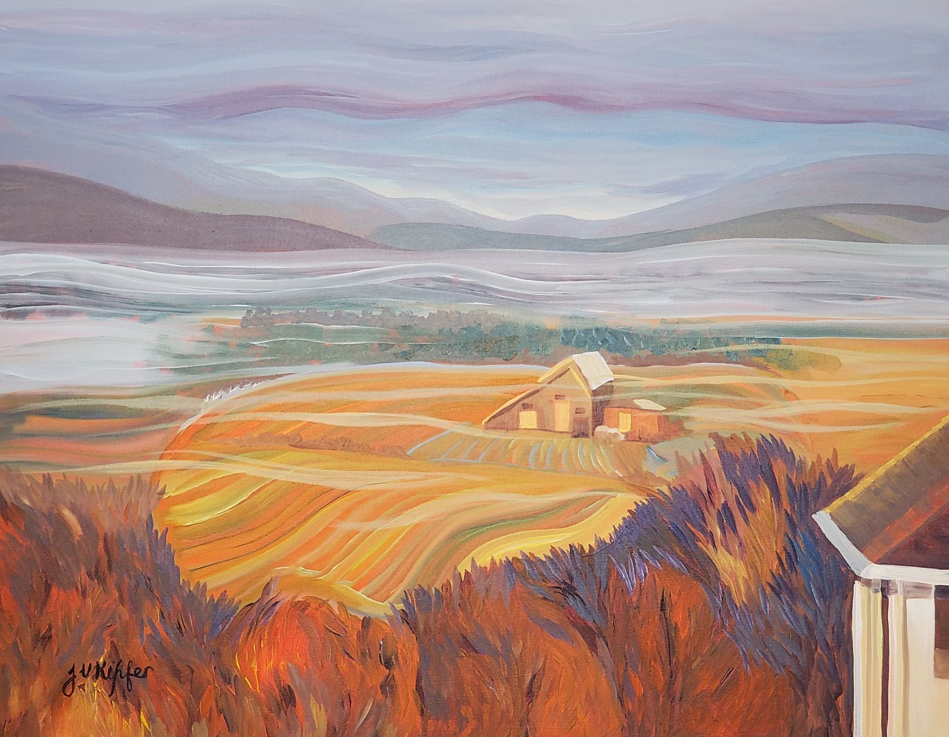 A painting of a landscape with a barn in the foreground and mountains in the background.