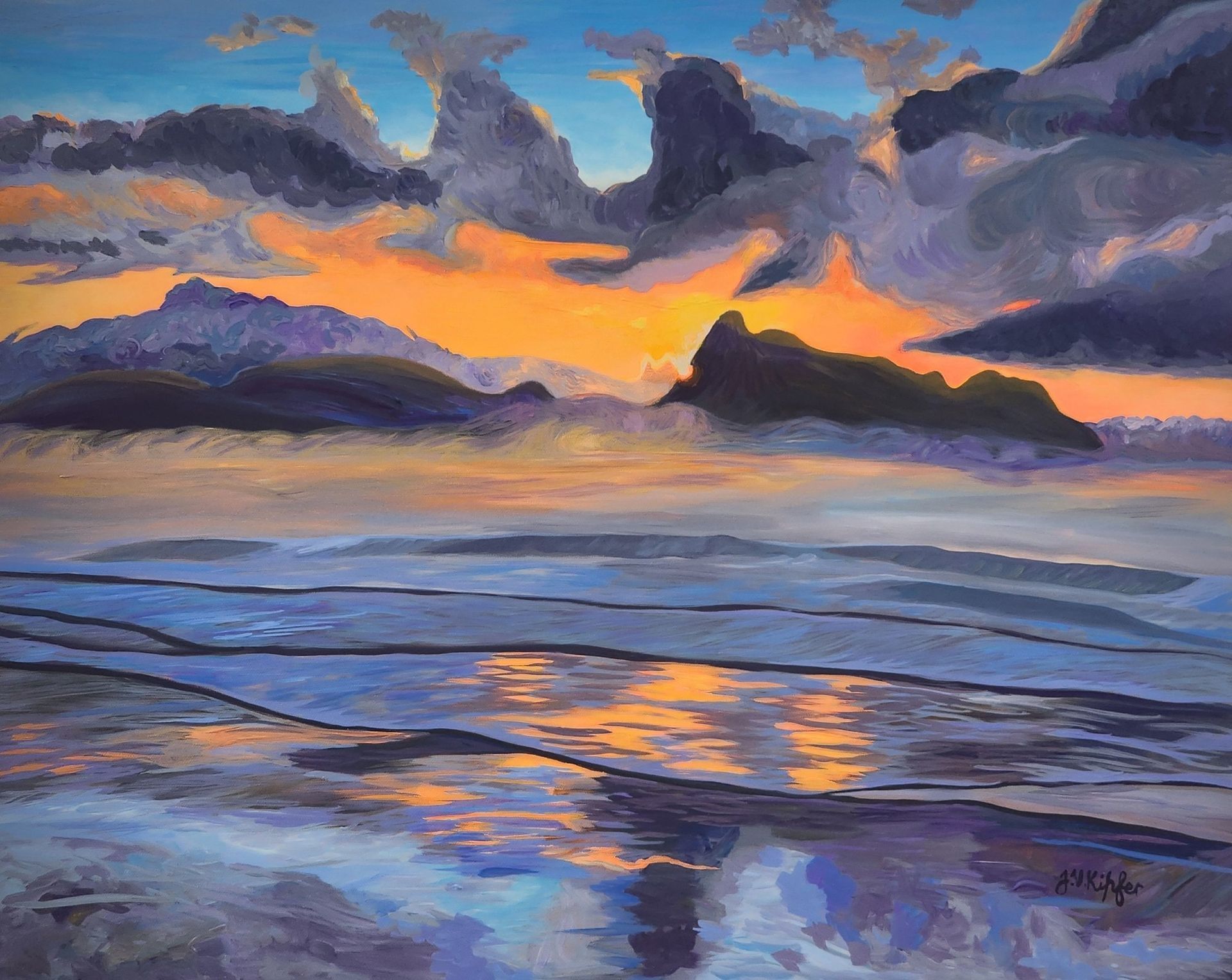 It is a painting of a sunset over the ocean with mountains in the background.