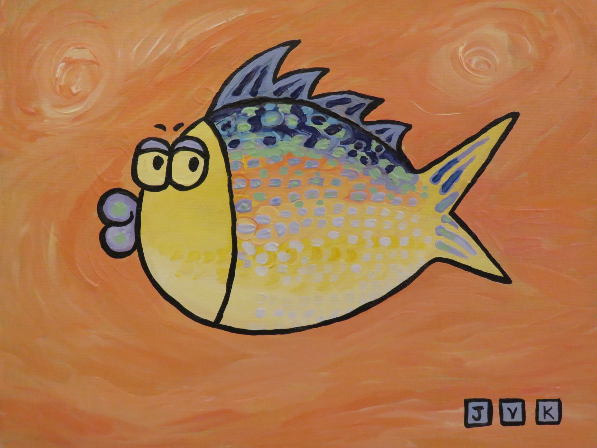 Cartoon fish with yellow and blue scales, dark outline, and big eyes on an orange background.