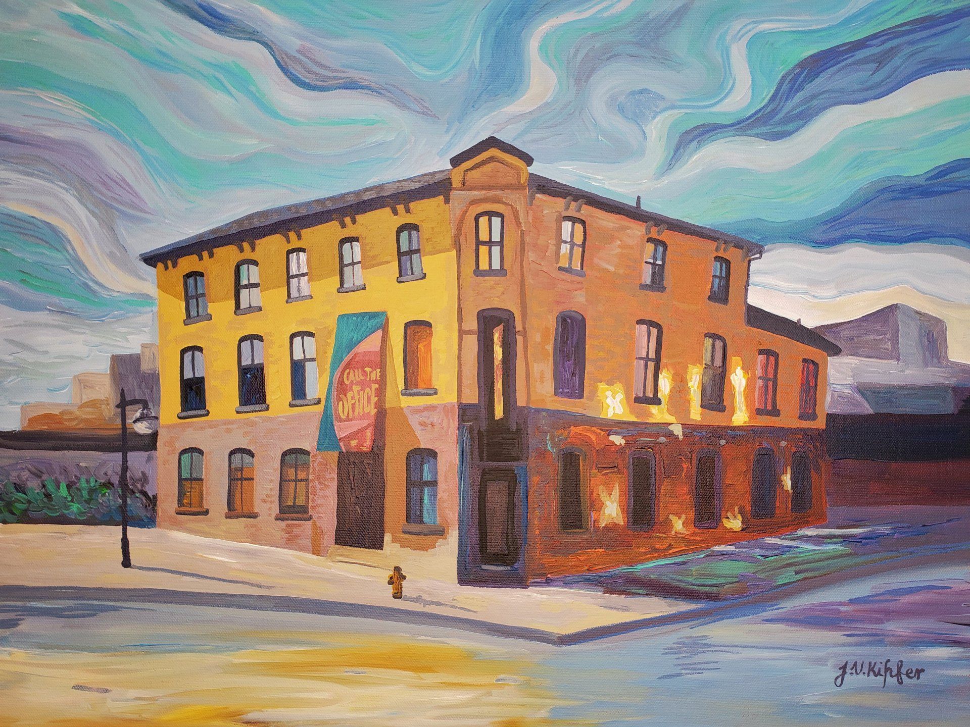 A painting of a building with a fire hydrant in front of it