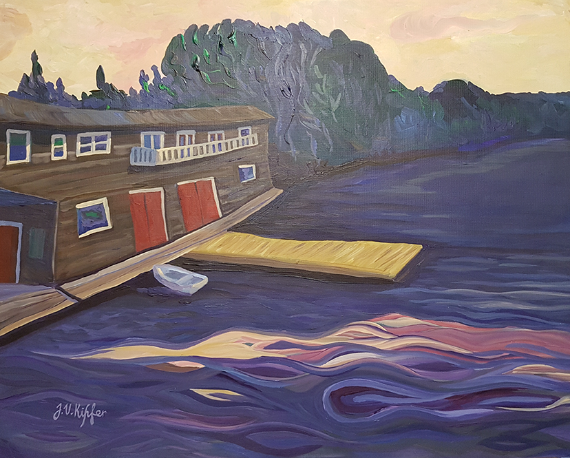 A painting of a boat docked at a dock with a house in the background.