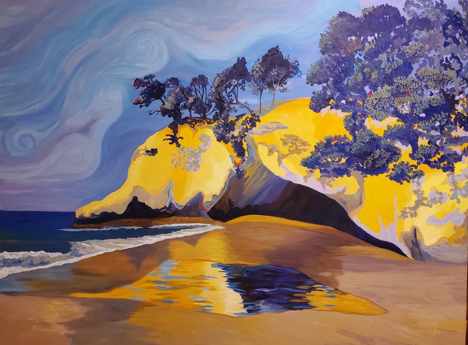 A painting of a beach with a cliff and trees