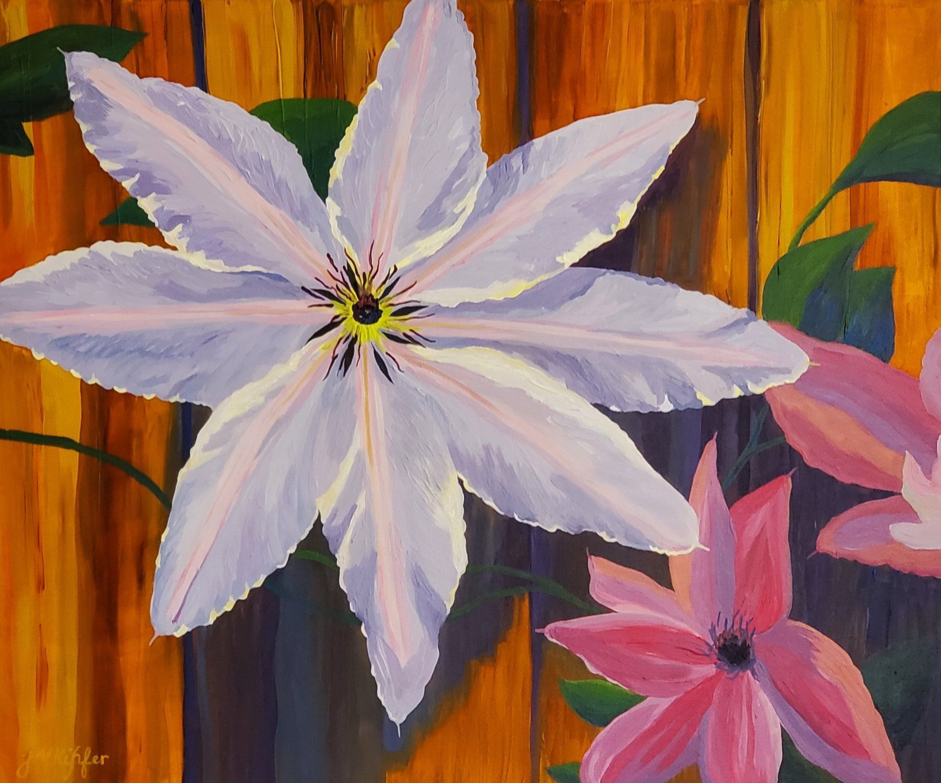 A painting of purple and pink flowers on a wooden background