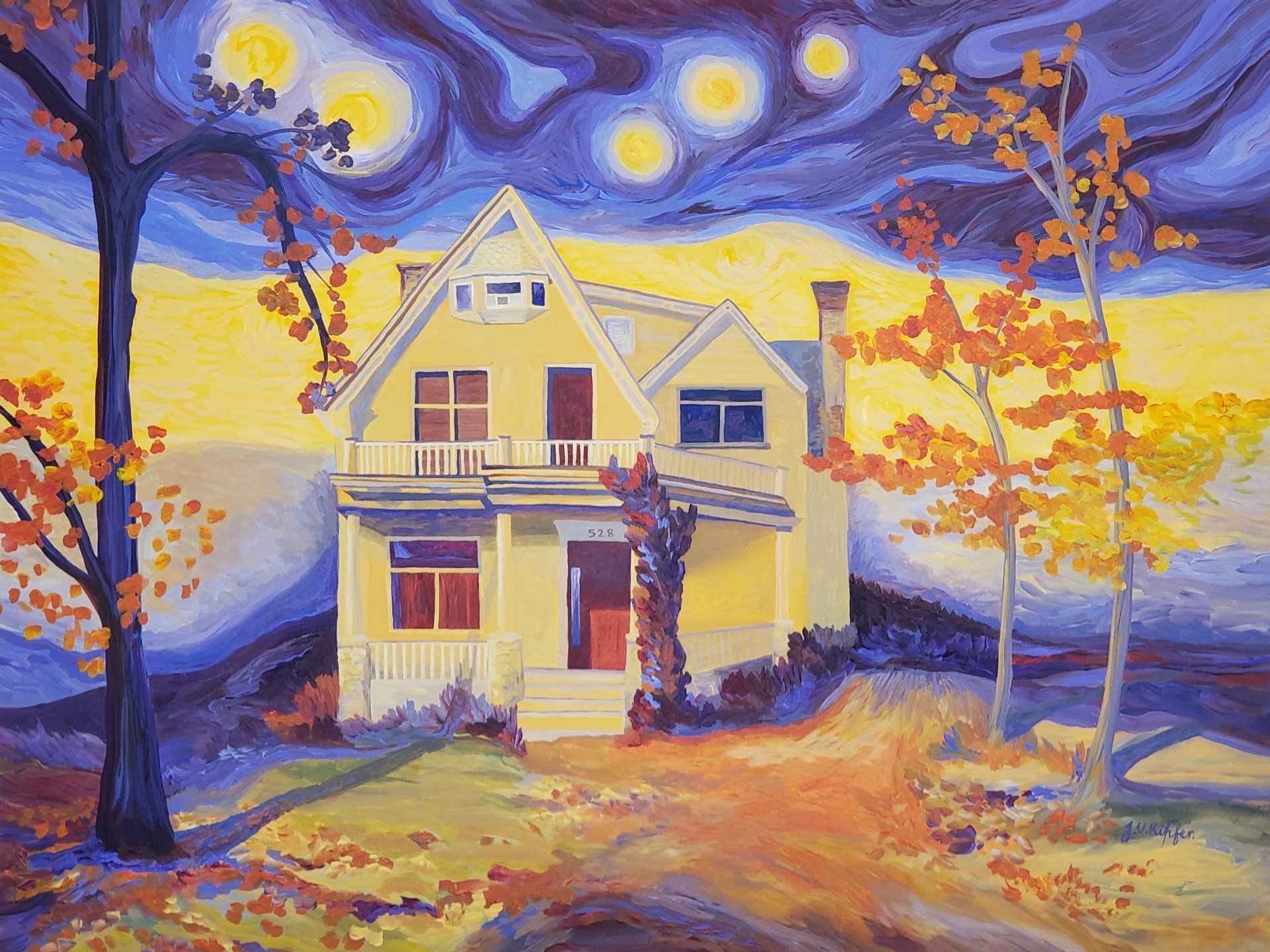 A painting of a house with a starry night sky in the background.