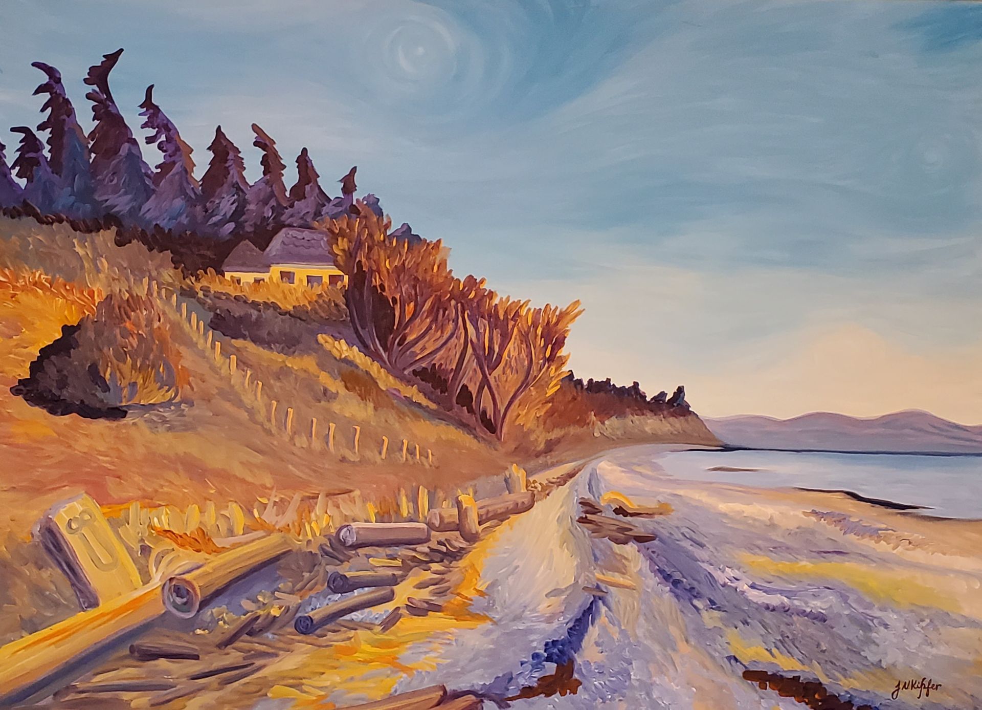 A painting of a house on a hill overlooking the ocean