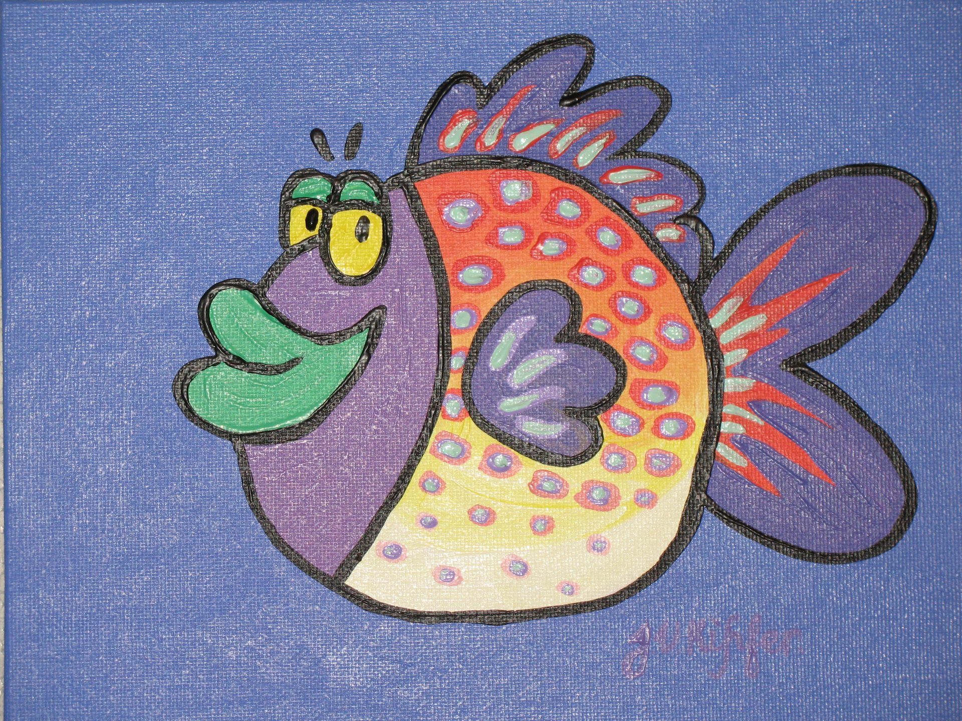 Cartoon fish with a purple head, orange body, and blue fins, smiling on a blue background.