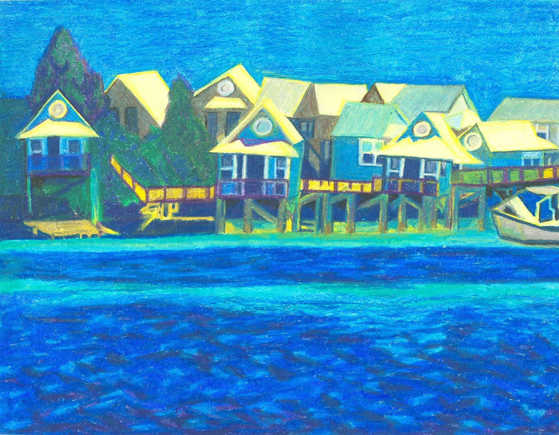 A painting of houses on stilts in the water