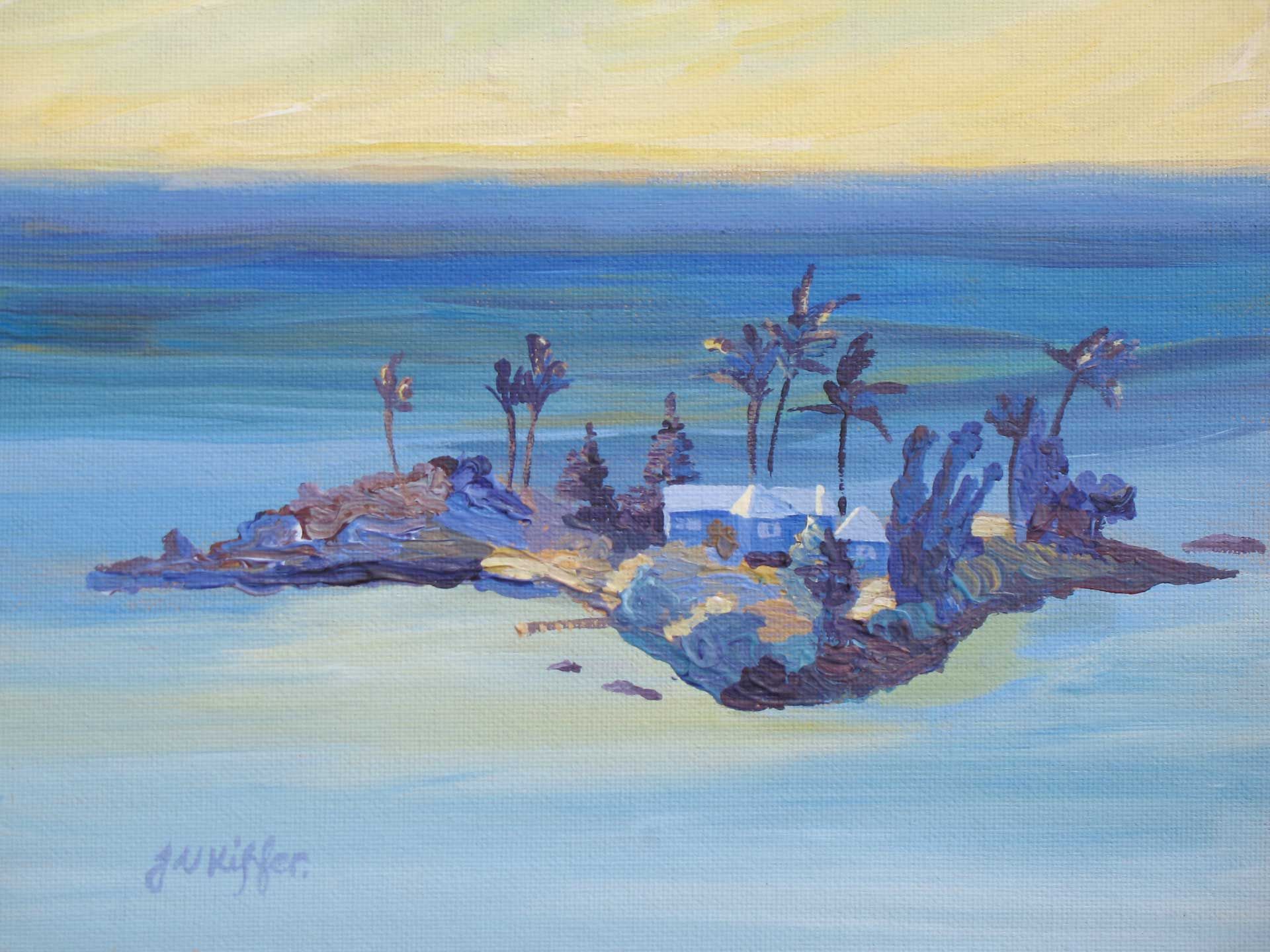 A painting of a small island in the middle of the ocean