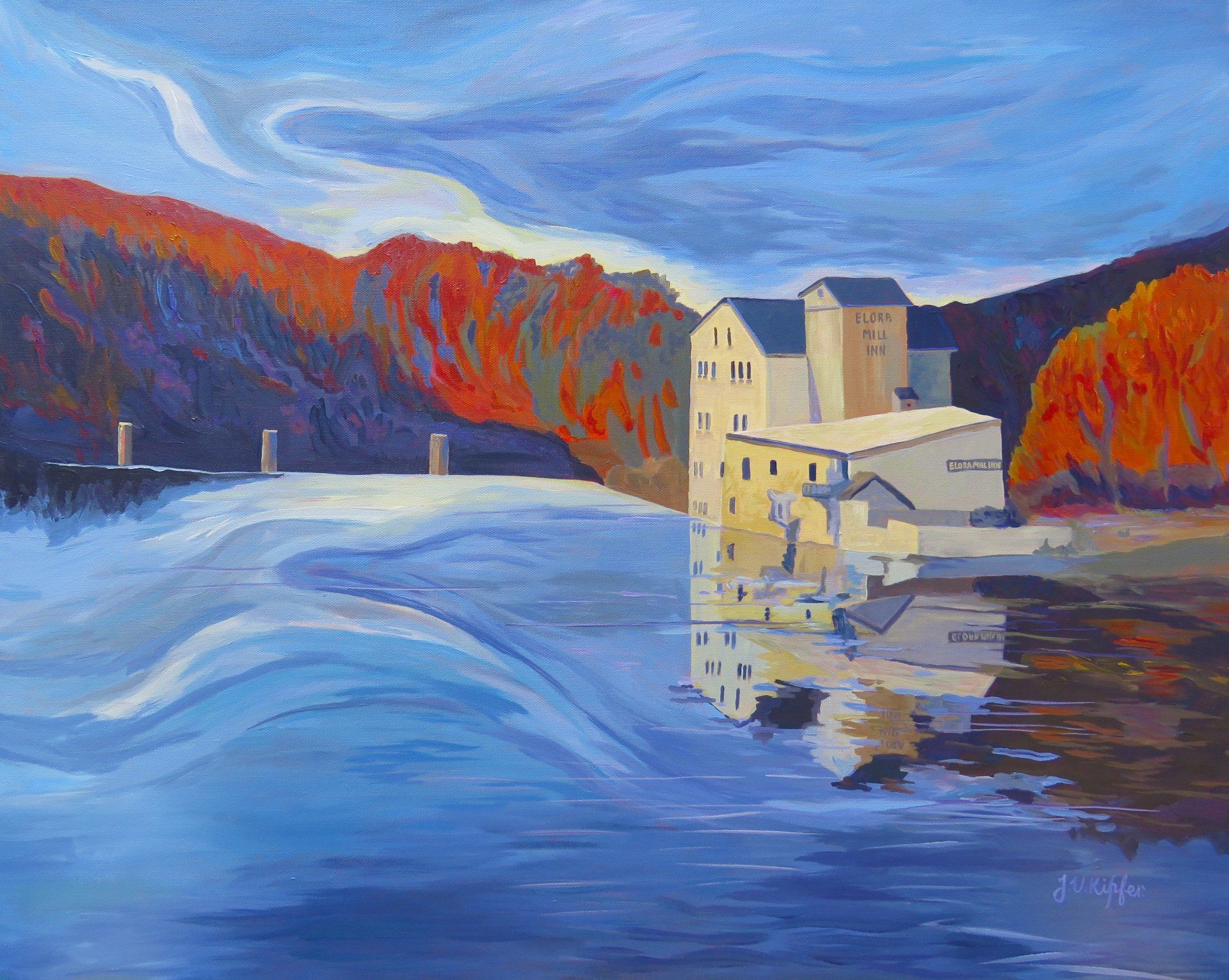 A painting of a river with a building in the background