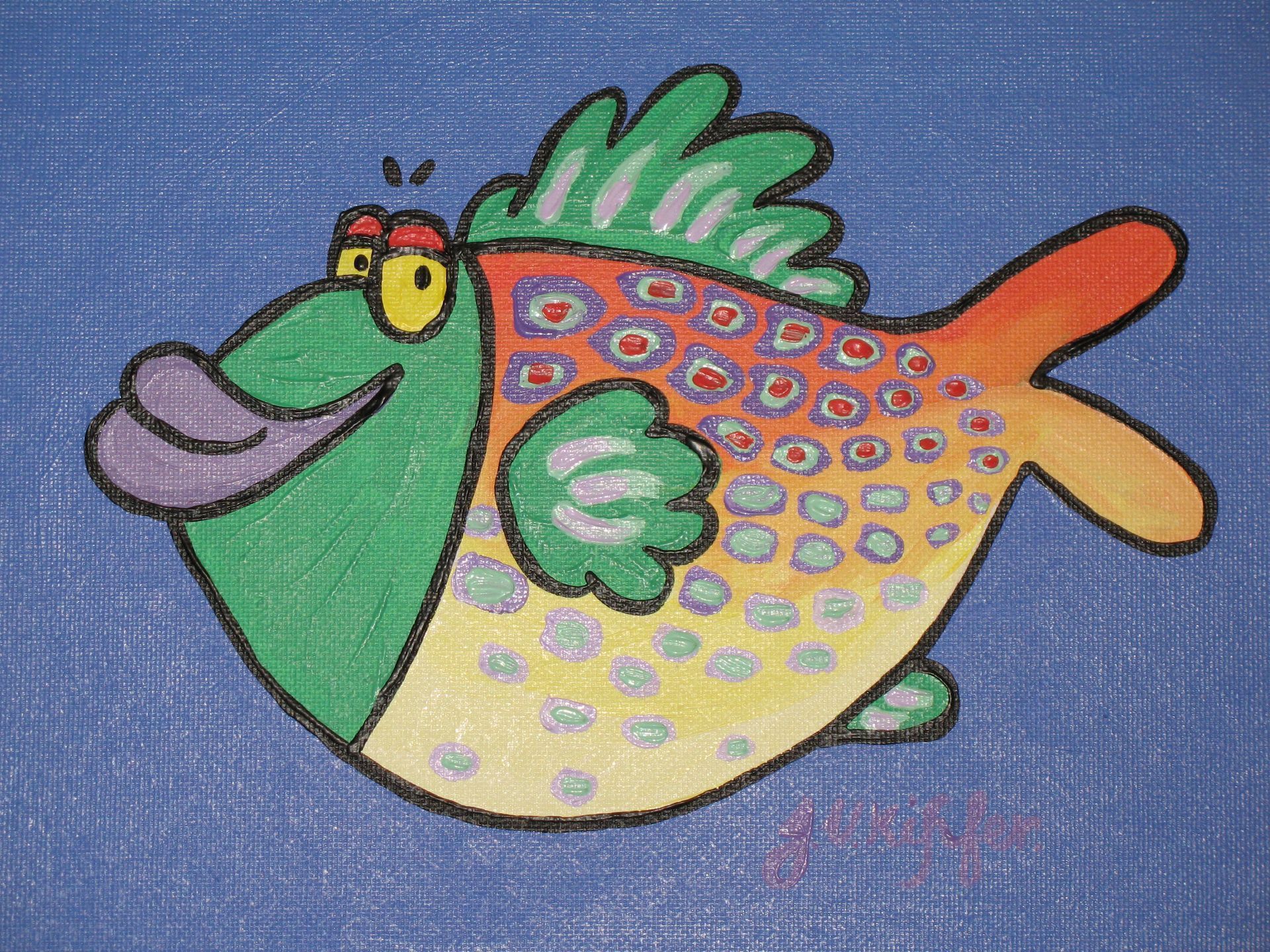 Cartoon fish with green face and fins, colorful spotted body, and a happy expression.