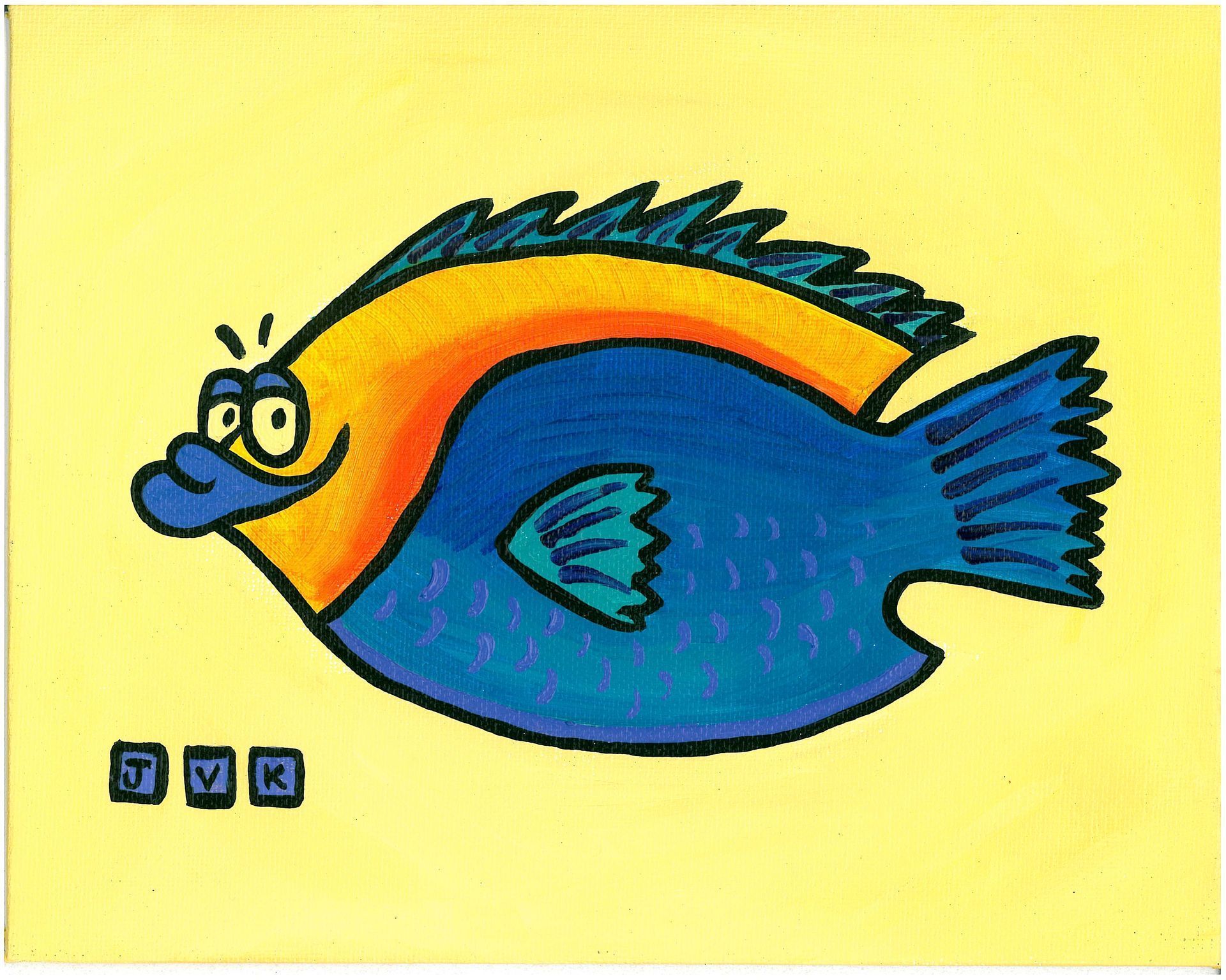 Cartoon fish with blue body, orange head, and yellow stripe. Smiling with spiky fins.