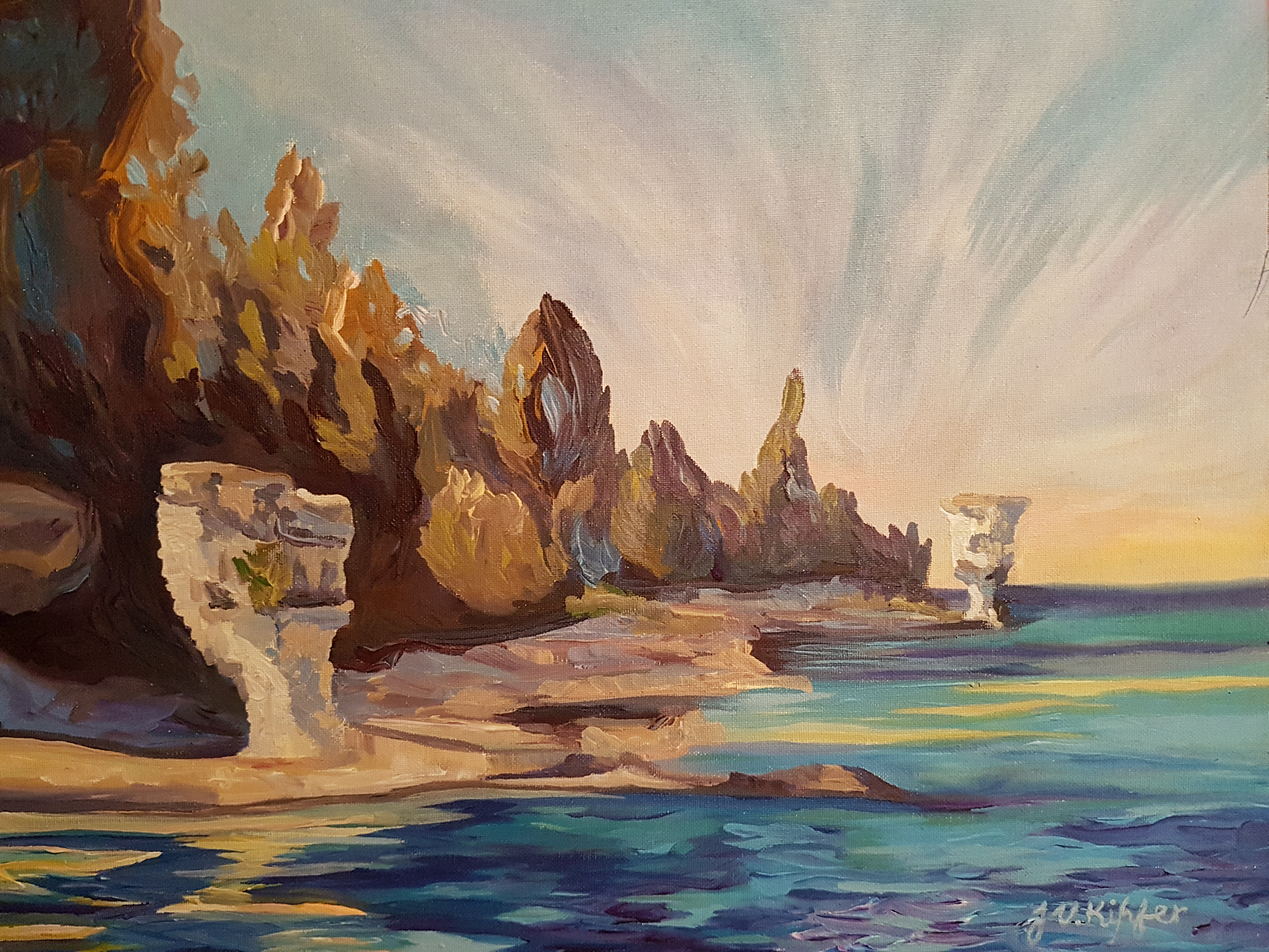A painting of a cliff overlooking a body of water.