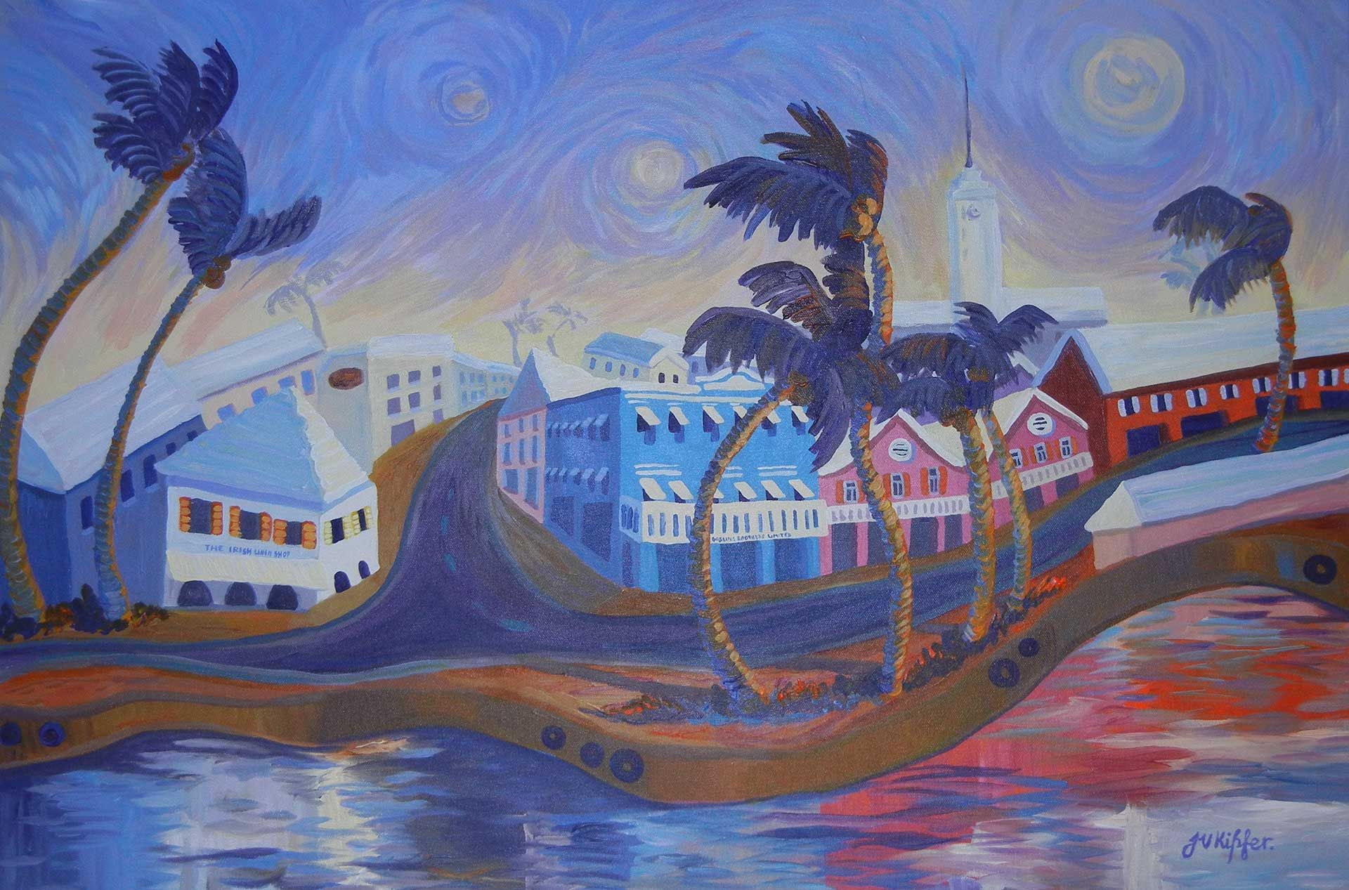 A painting of a city with palm trees and buildings