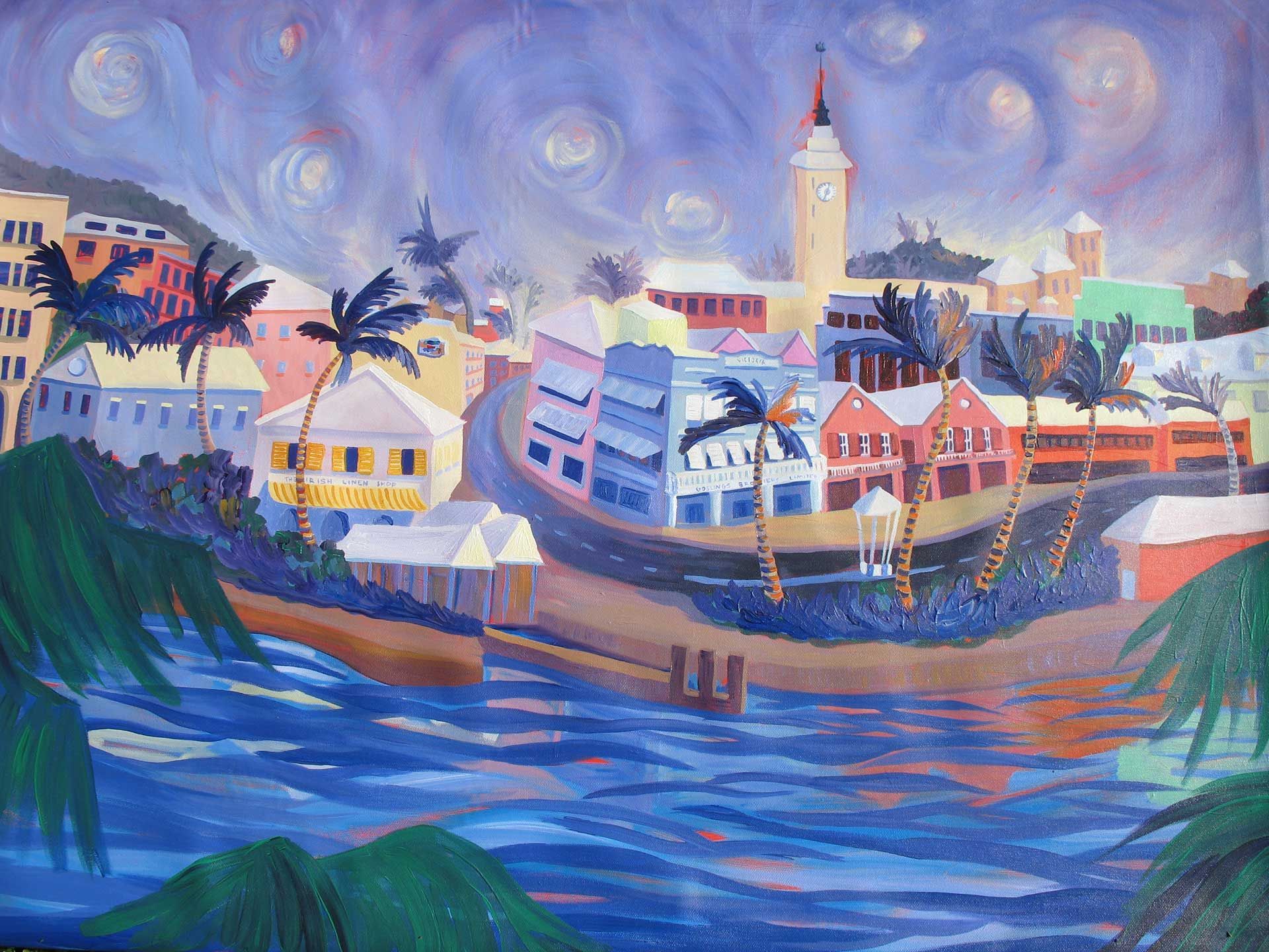 A painting of a city with palm trees in the foreground