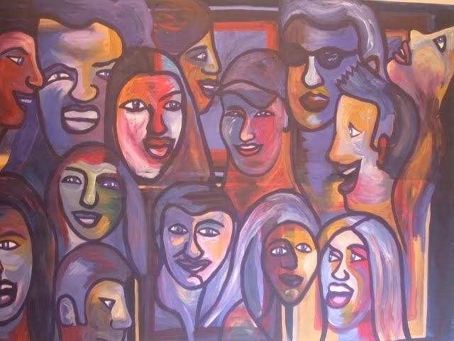 A colorful painting of a group of people 's faces chatting