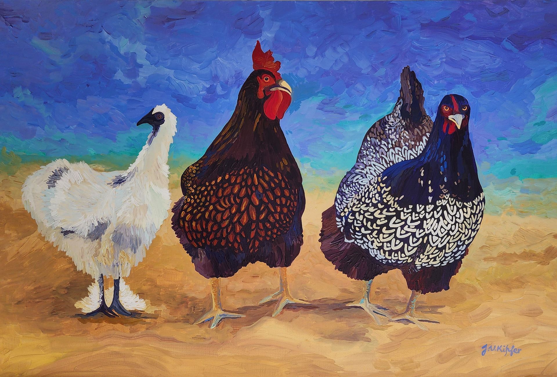 A painting of three chickens standing next to each other in an orchard.