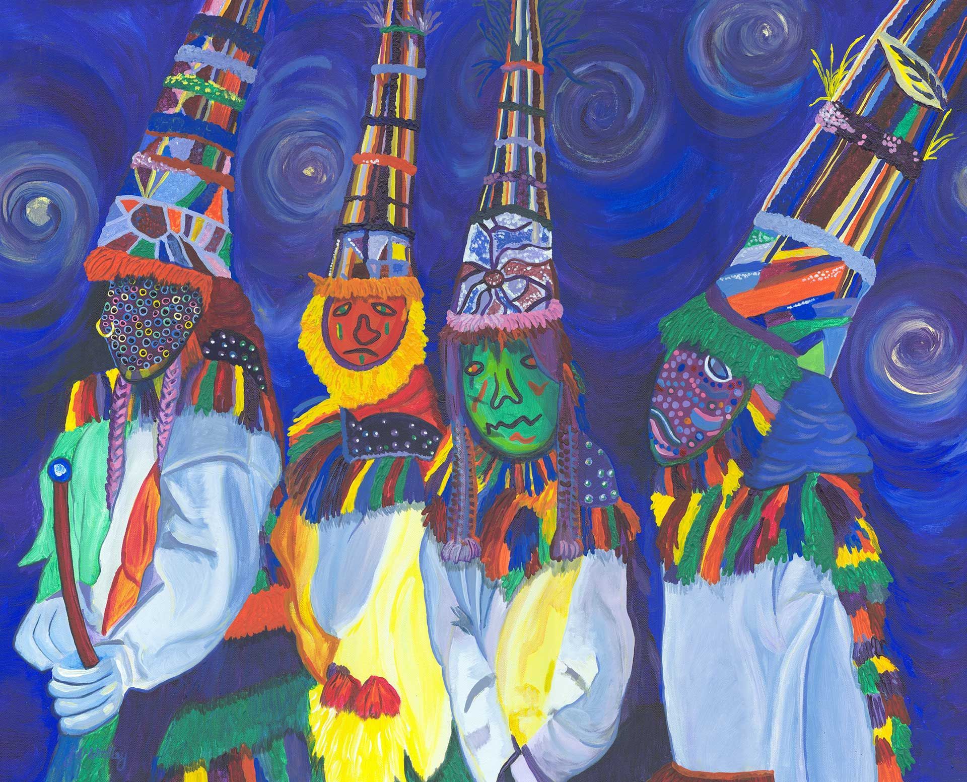 A painting of four people wearing colorful Gombey costumes