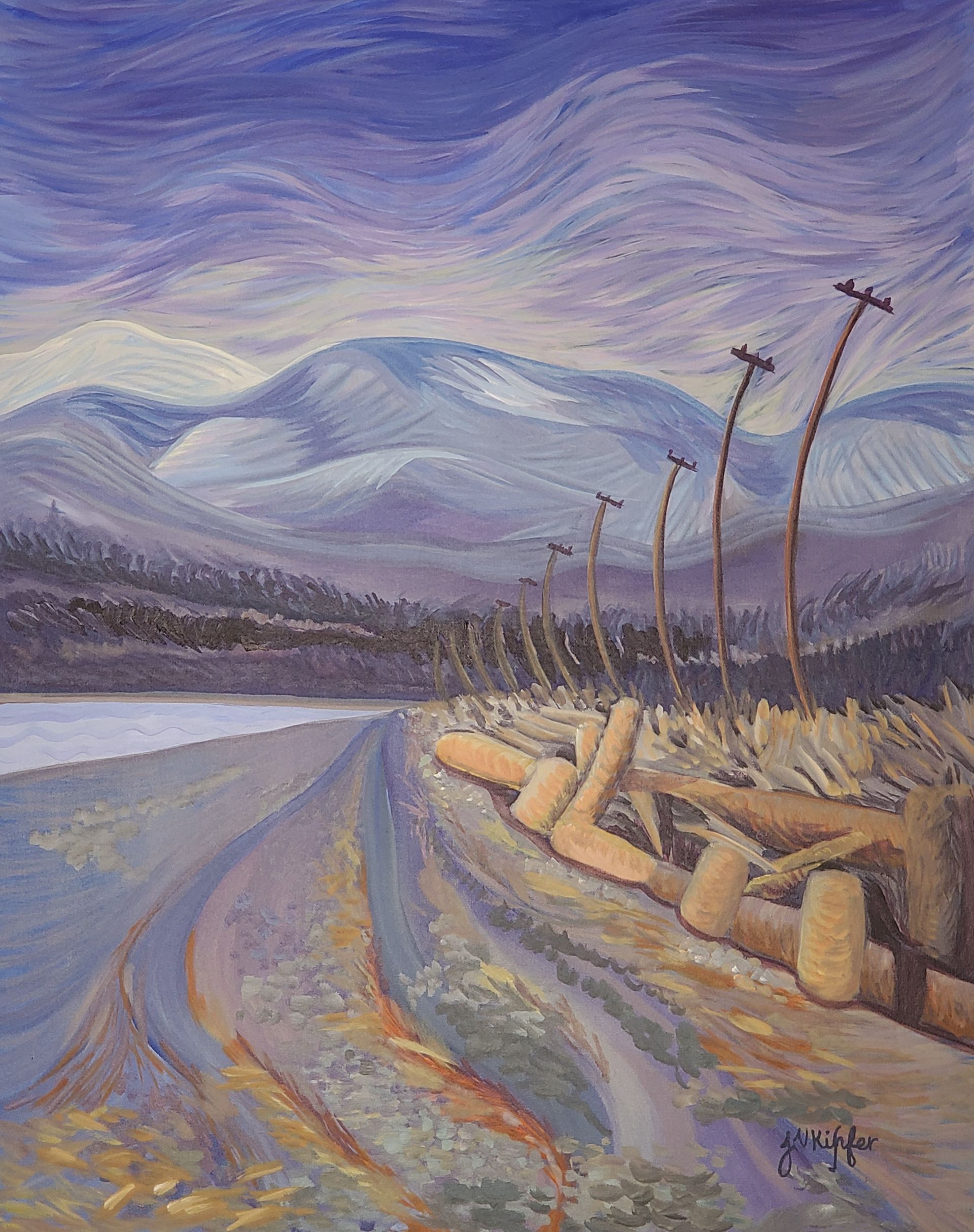 A painting of a road leading to a lake with mountains in the background.